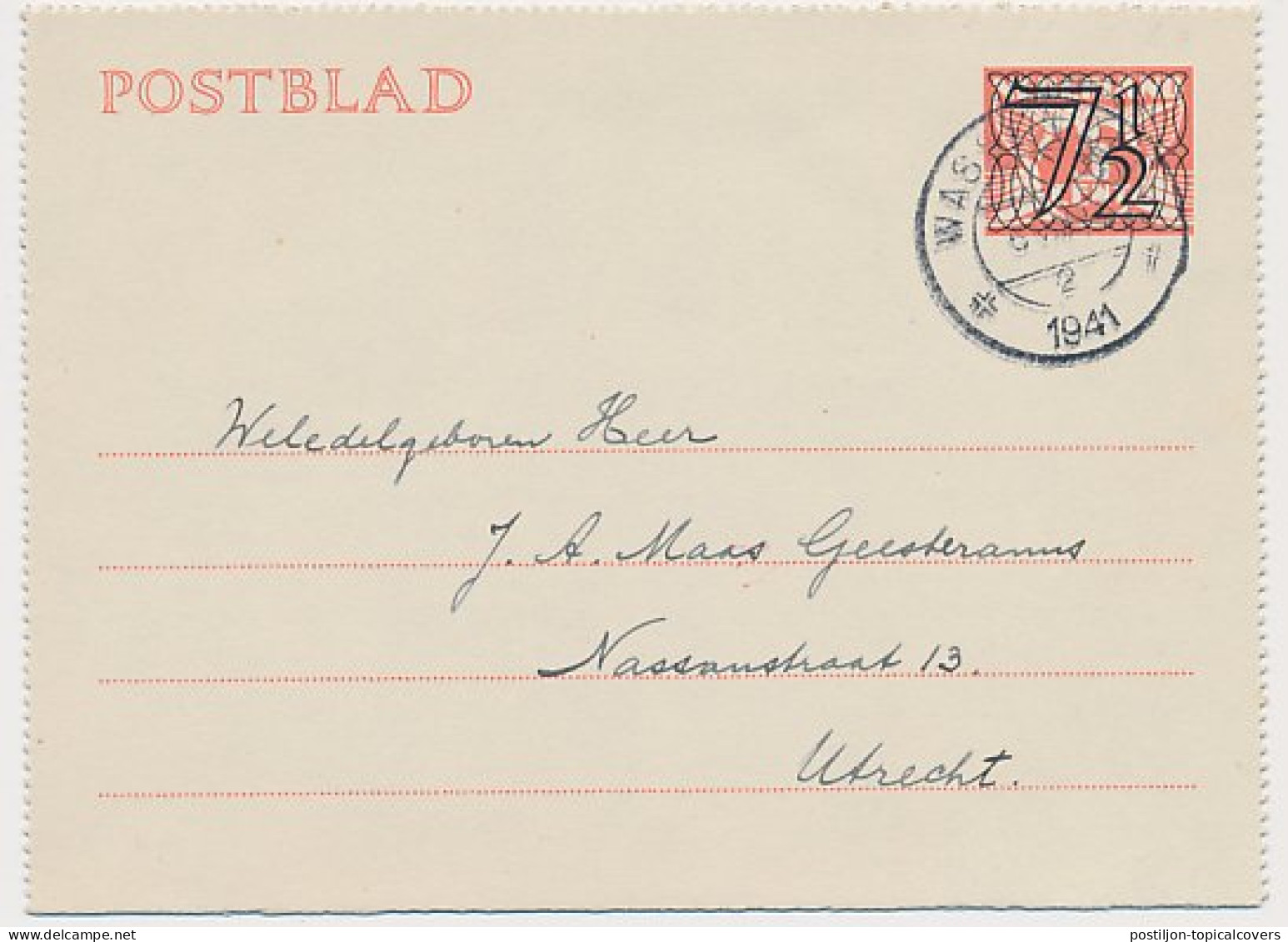 Postblad G. 21 Wassenaar - Utrecht 1941 - Material Postal