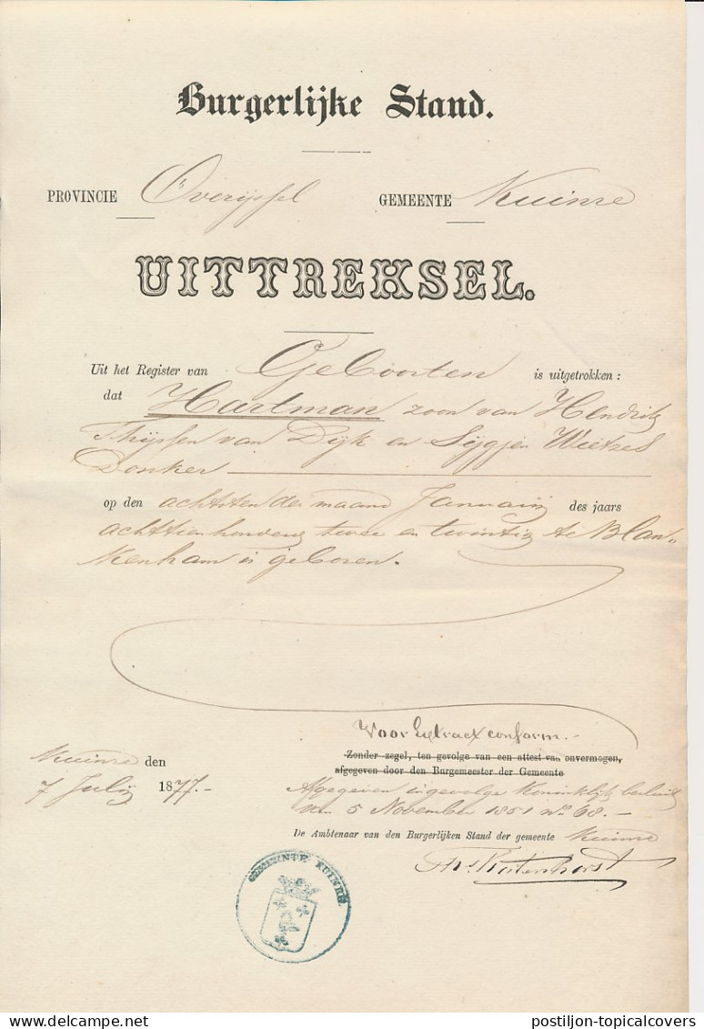 Uitreksel Burgerlijke Stand - Kuinre 1877 - Fiscaux