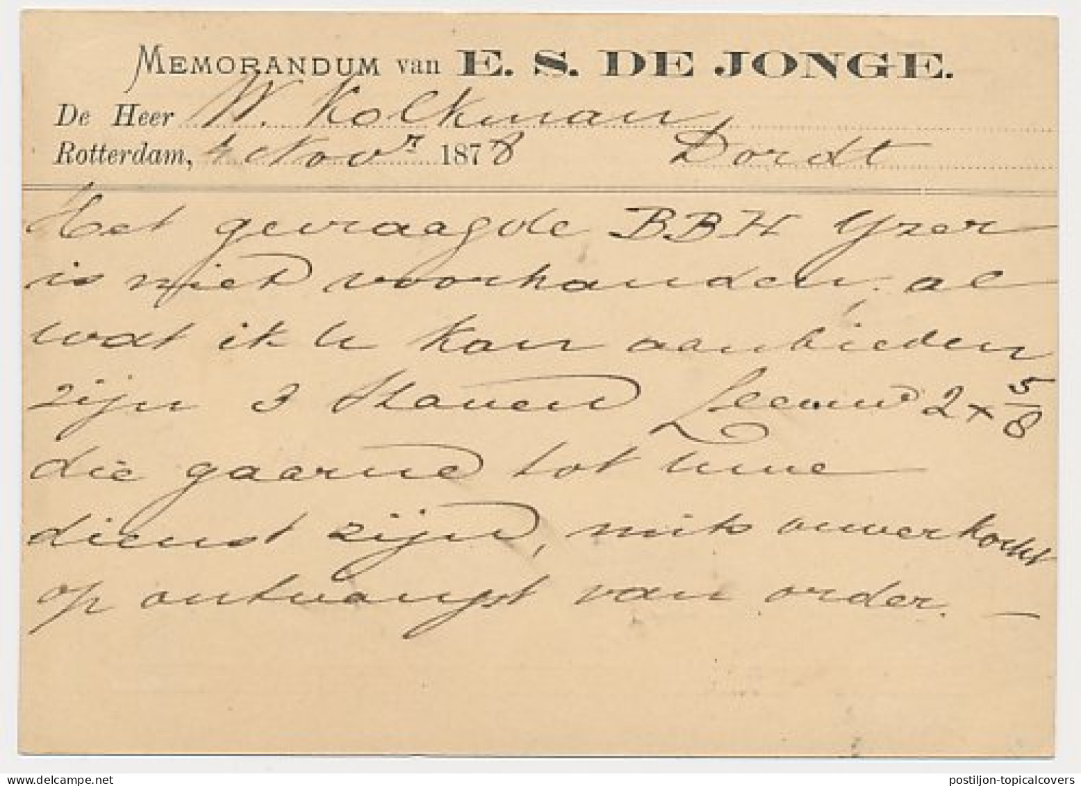 ROTTERDAM BRIEVENBUS - Dordrecht 1878 - Lettres & Documents