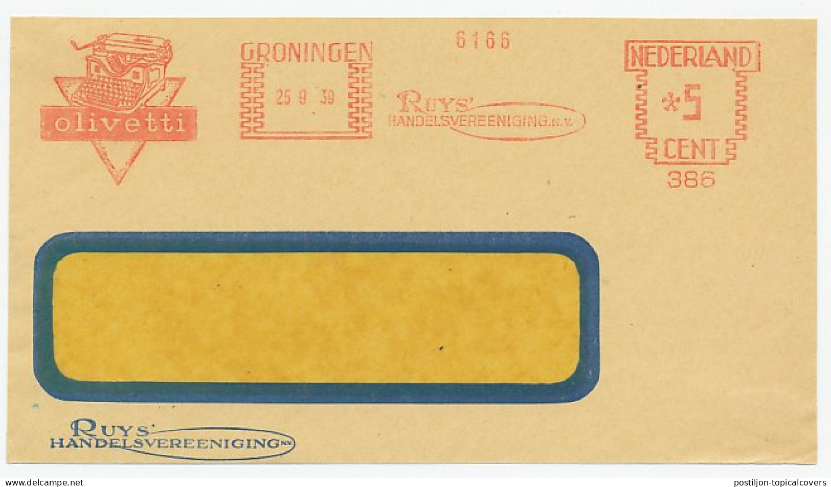 Meter Cover Front Netherlands 1939 Typewriter - Olivetti - Non Classés
