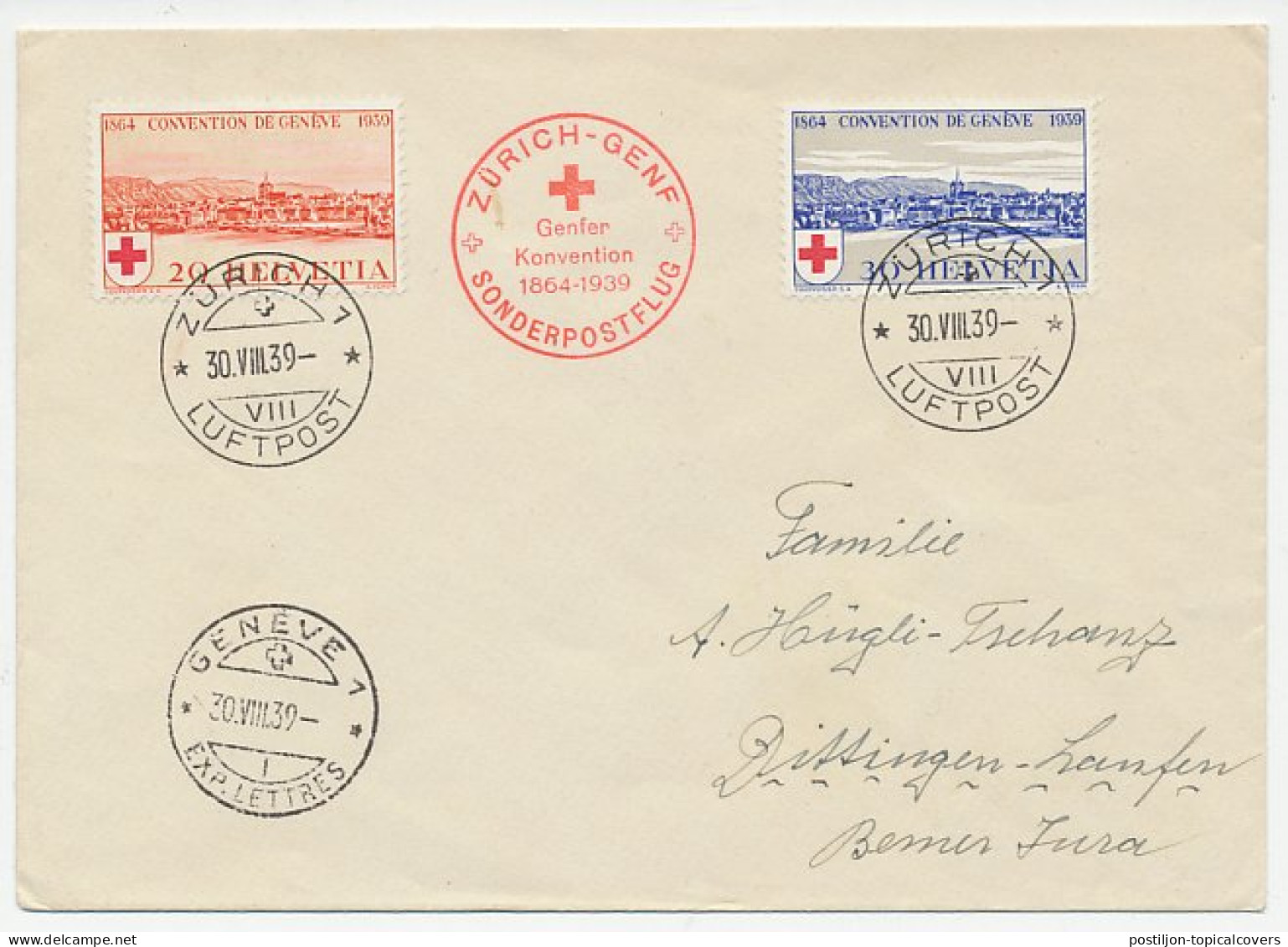 Cover / Postmark Switzerland 1939 75 Years Geneva Convention - Red Cross - Special Flight - Sin Clasificación