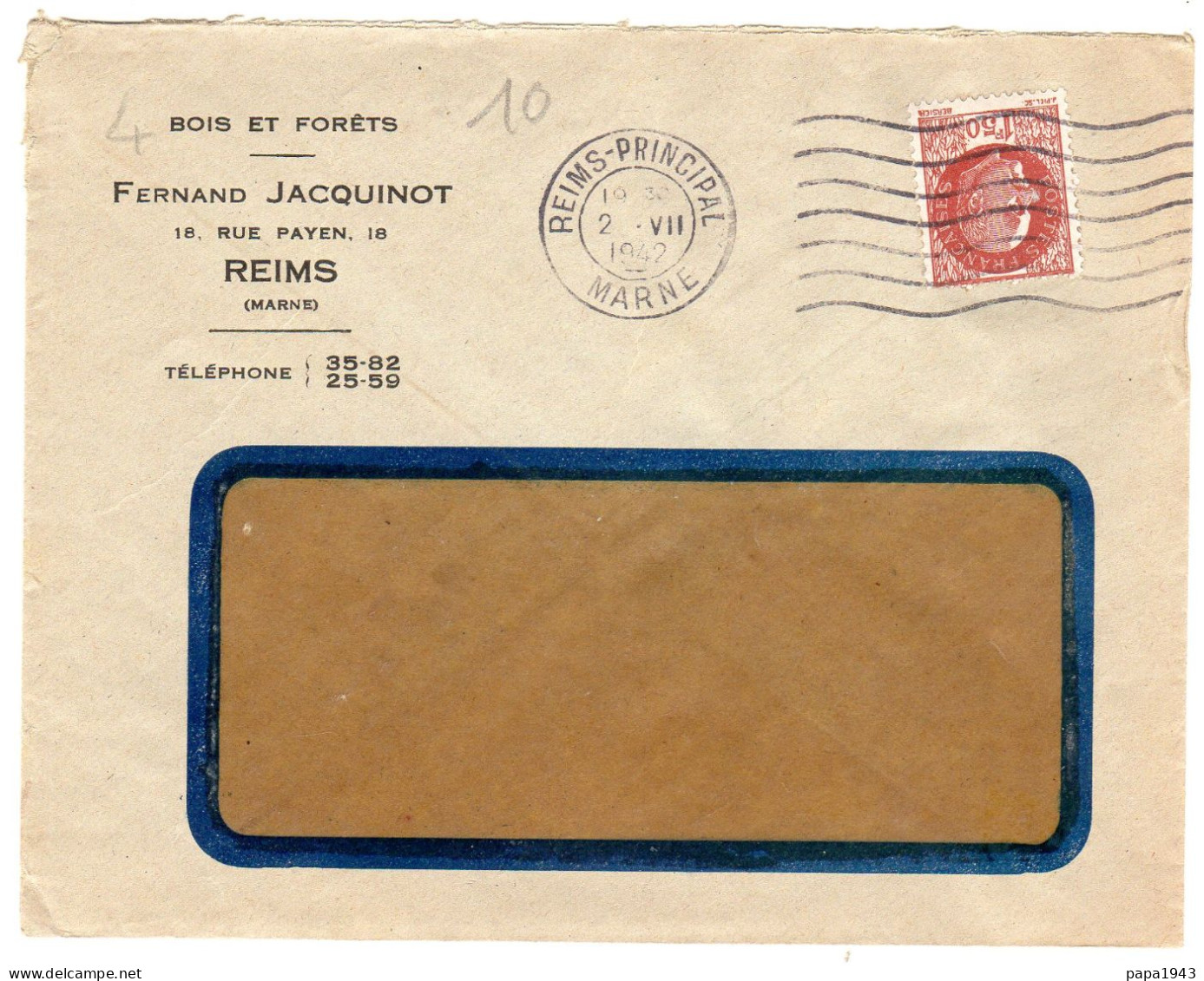 1942  CAD REIMS Ppal " BOIS ET FORETS  Fernand JACQUINOT Rue Payen " - Briefe U. Dokumente