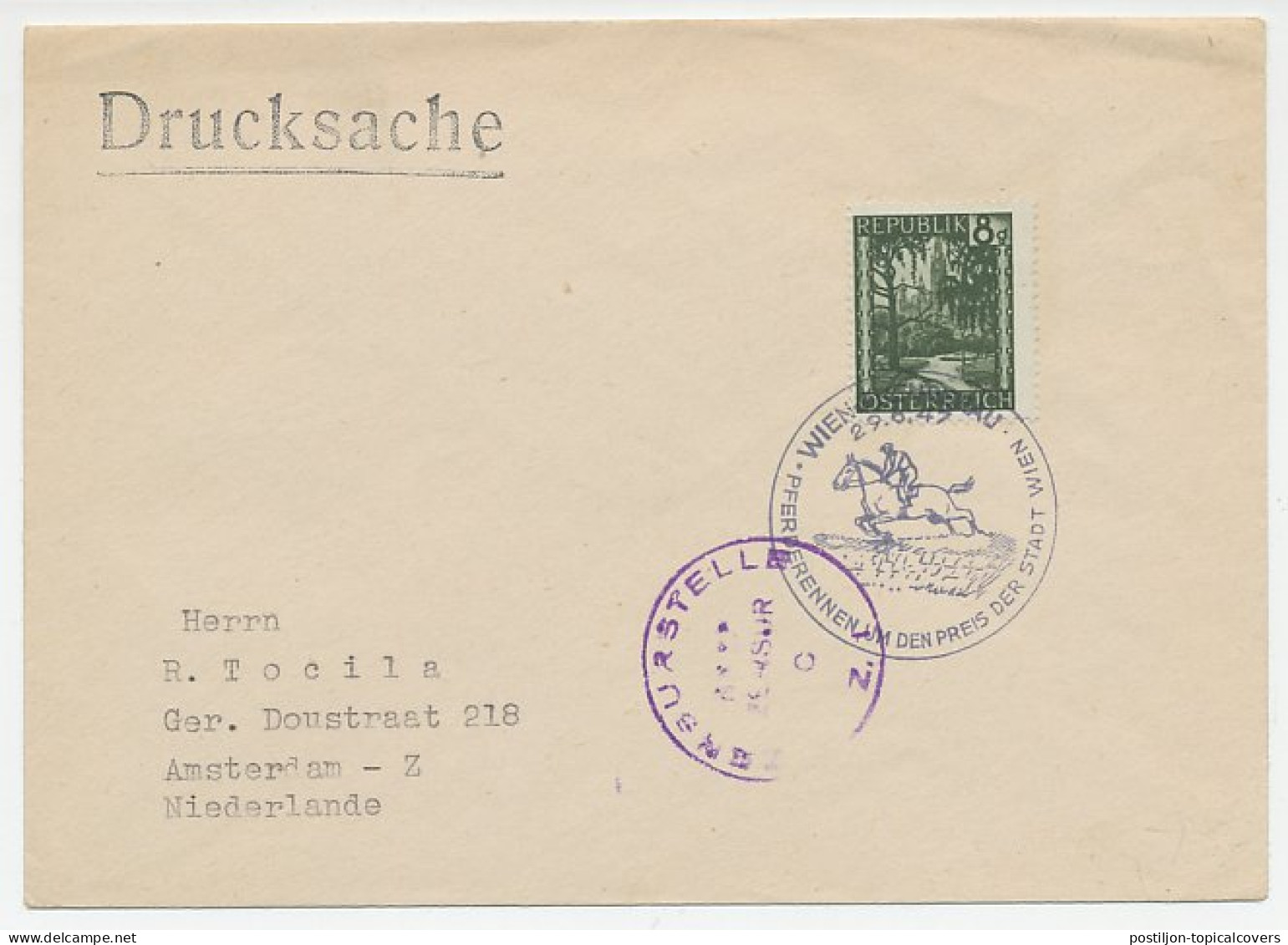 Cover / Postmark Austria 1947 Horse Races - Hípica