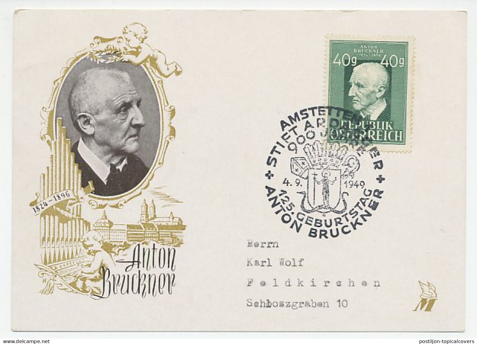 Postcard / Postmark Austria 1949 Anton Bruckner - Composer - Musique