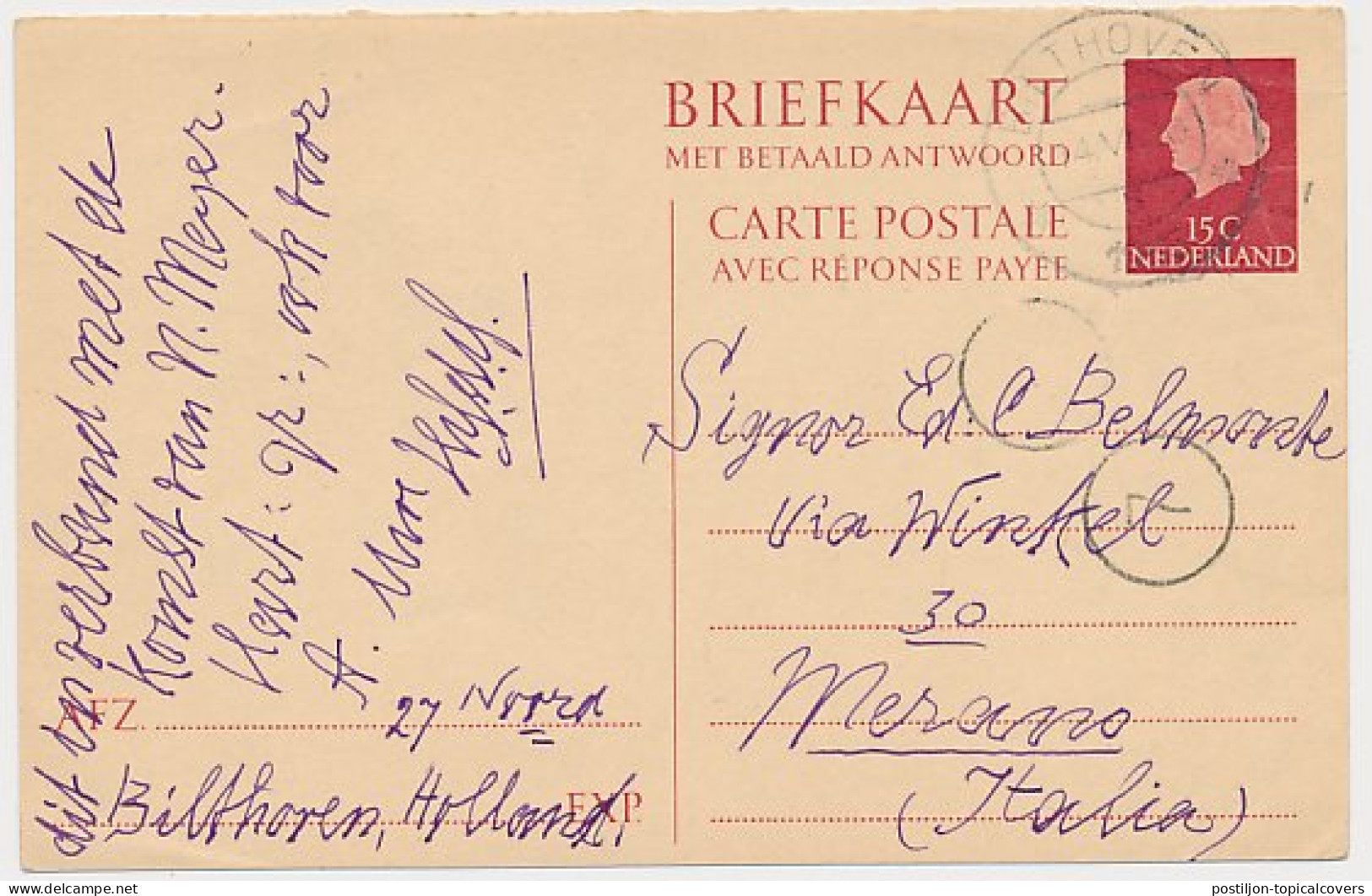 Briefkaart G. 318 V- Krt. Bilthoven - Italie 1955 - Postal Stationery