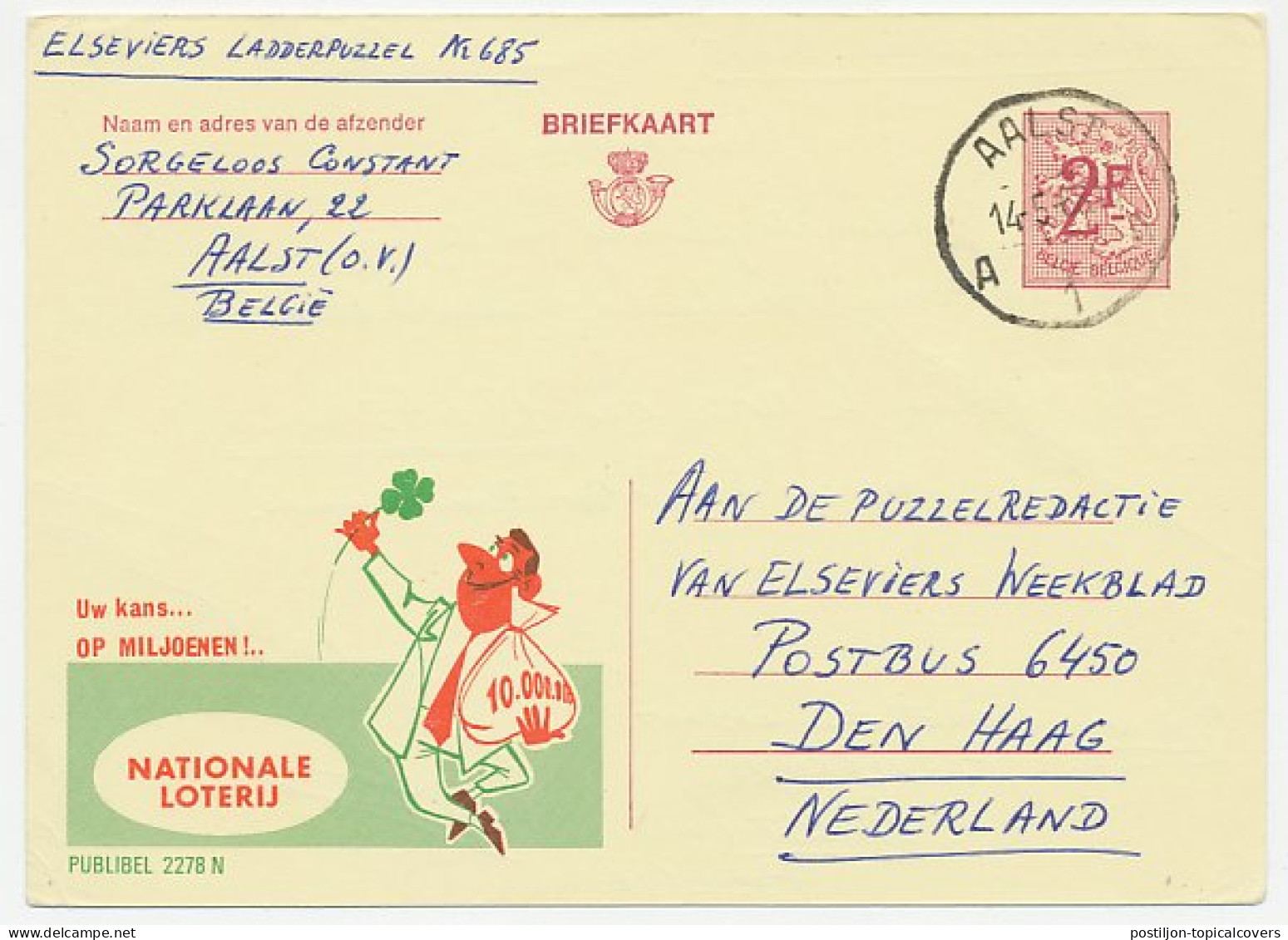 Publibel - Postal Stationery Belgium 1968 National Lottery - Four Leaf Clover - Ohne Zuordnung