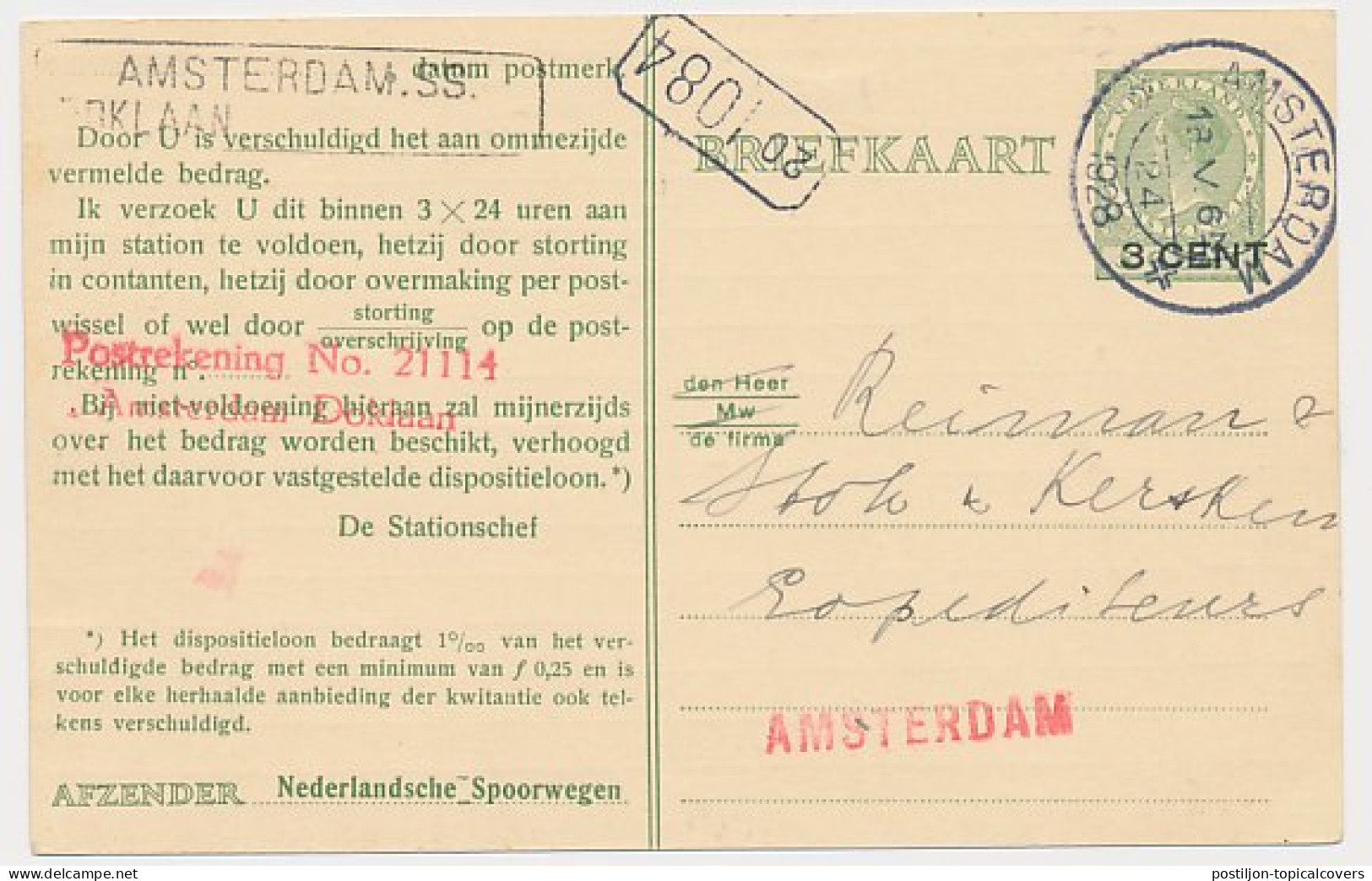 Spoorwegbriefkaart G. PNS216 G - Locaal Te Amsterdam 1928 - Postal Stationery