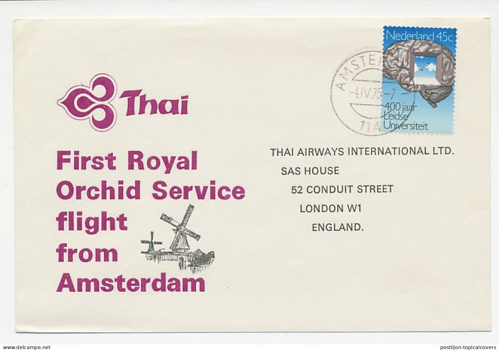 FFC / First Flight Cover Netherlands 1975 Thai - First Royal Orchid Flight From Amsterdam - Airplanes