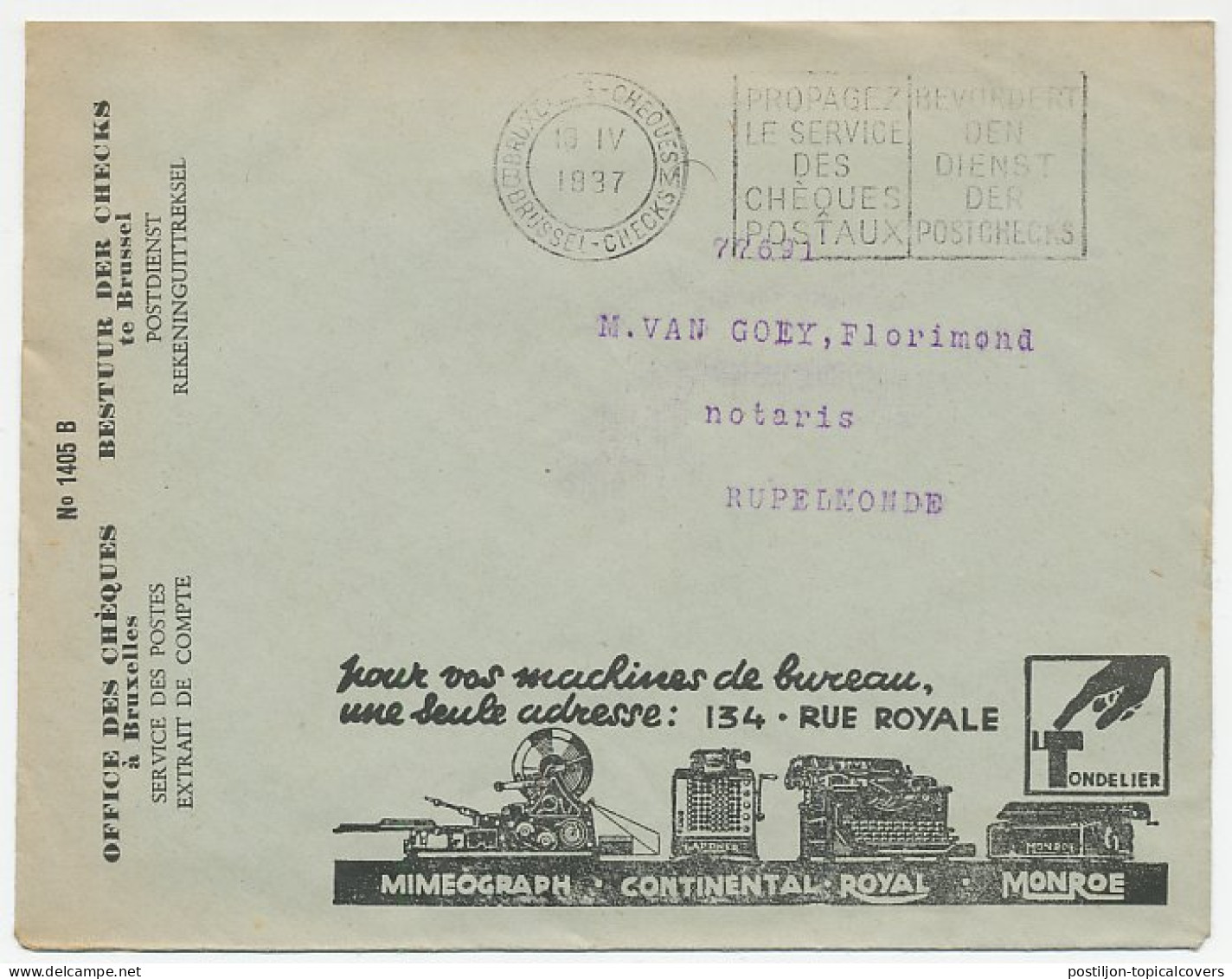 Postal Cheque Cover Belgium 1937 Typewriter - Calculating Machine - Mimeograph - Zonder Classificatie