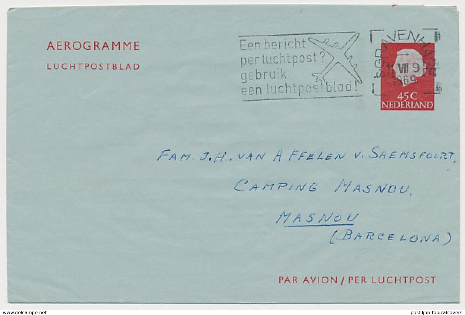 Luchtpostblad G. 21 S Gravenhage Masnou Spanje 1969 - Postal Stationery
