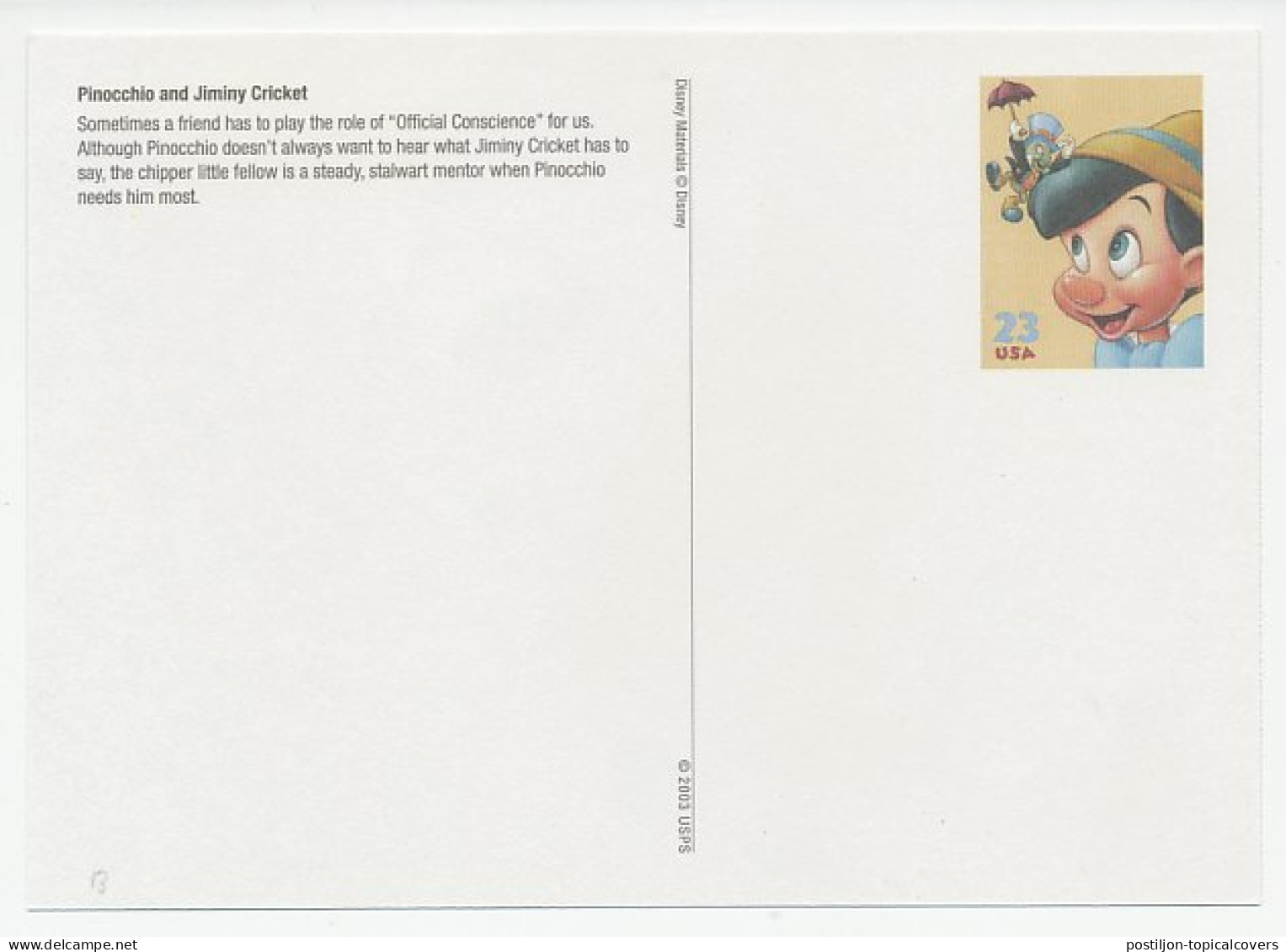 Postal Stationery USA 2003 Walt Disney - Pinocchio And Jimmy Cricket - Disney