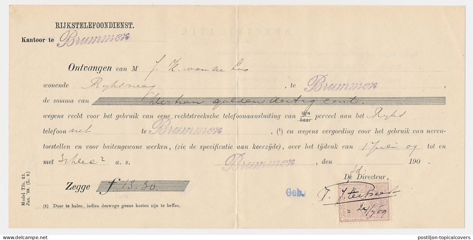 Brummen 1909 - Kwitantie Rijkstelefoondienst - Non Classés