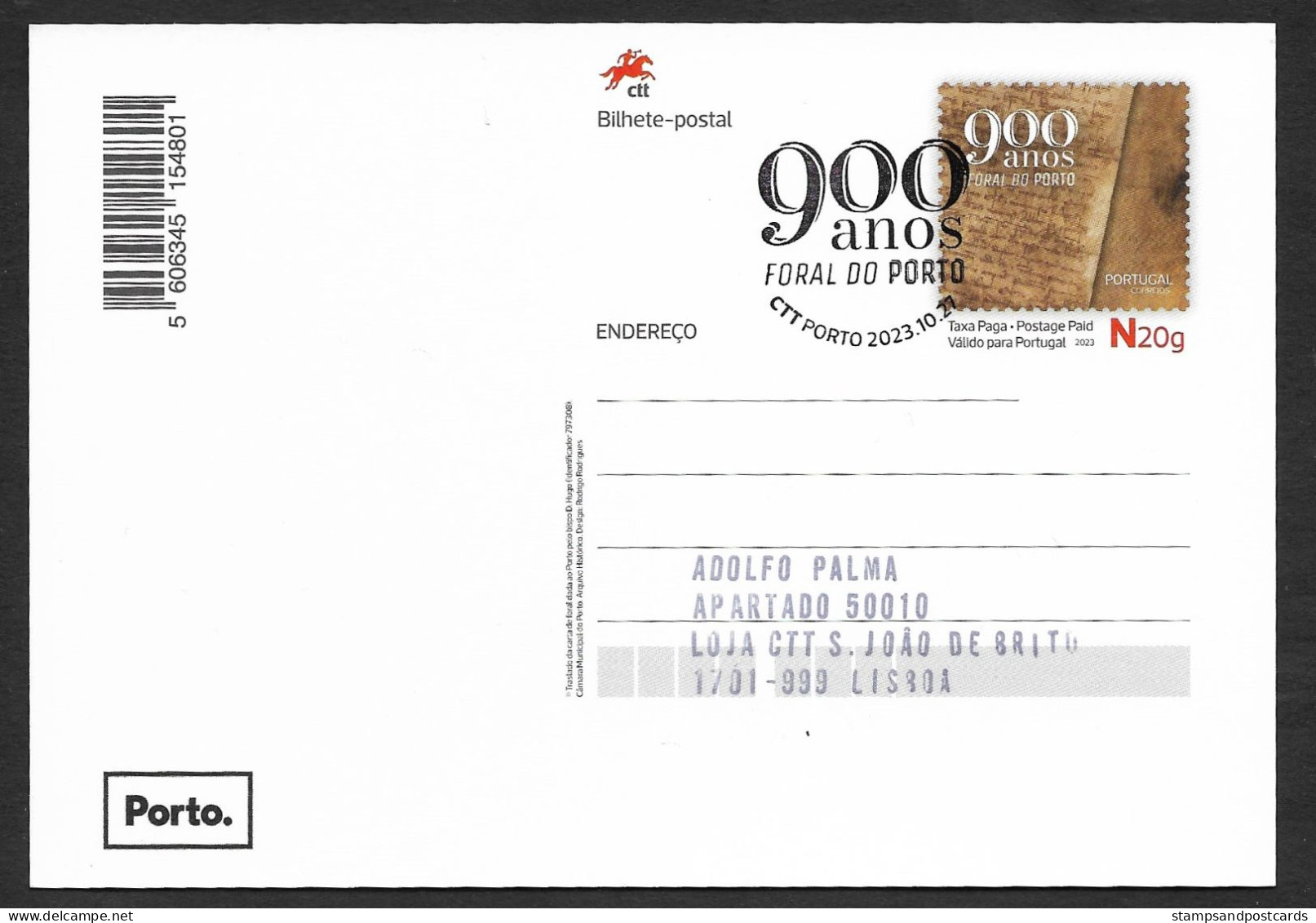 Portugal Entier Postal 2023 Foral Du Porto 900 Ans Cachet Stationery Oporto City Charter 900 Years Pmk - Interi Postali