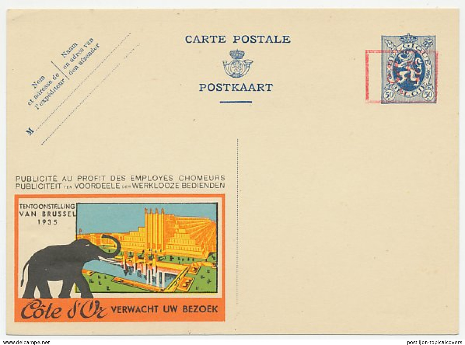 Publibel - Postal Stationery Belgium 1935 Elephant - World Exhibition 1935 - Cote D Or - Chocolate - Other & Unclassified