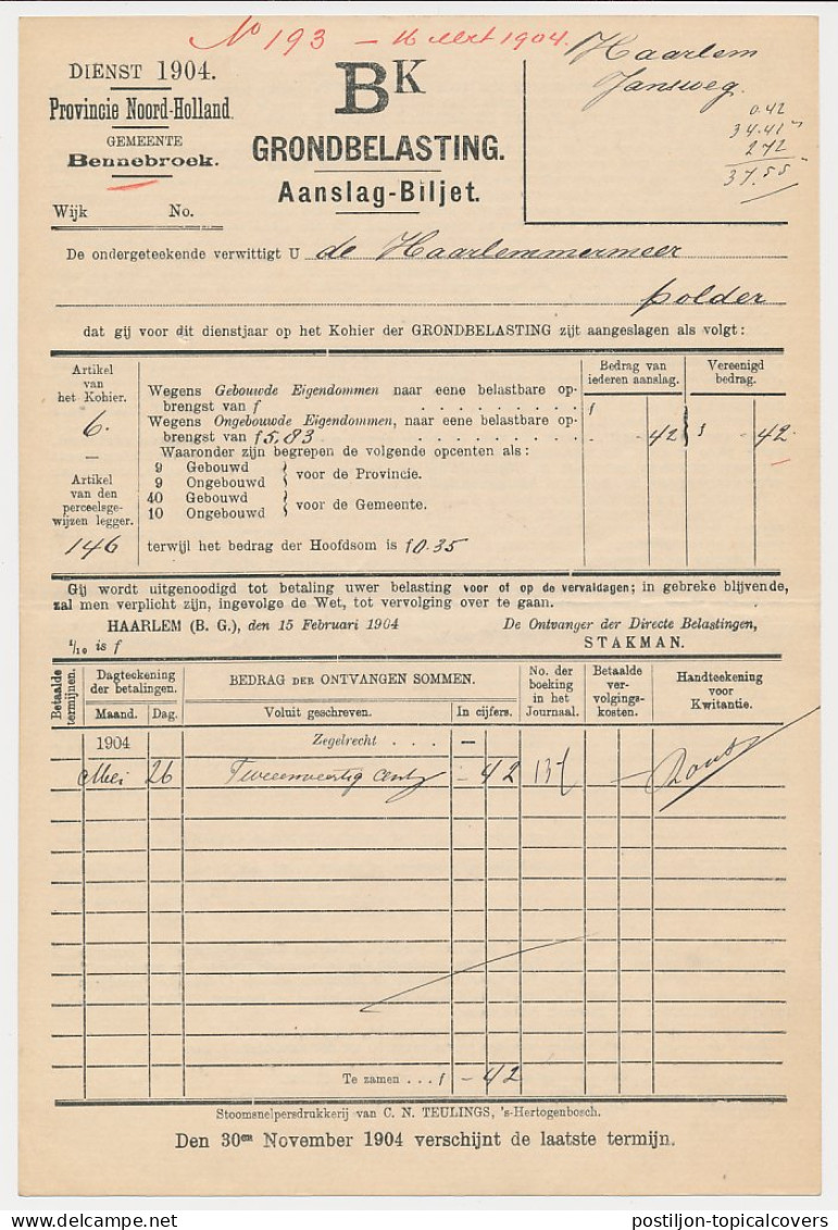 Aanslagbiljet Bennebroek - Haarlemmermeerpolder 1904 - Fiscale Zegels