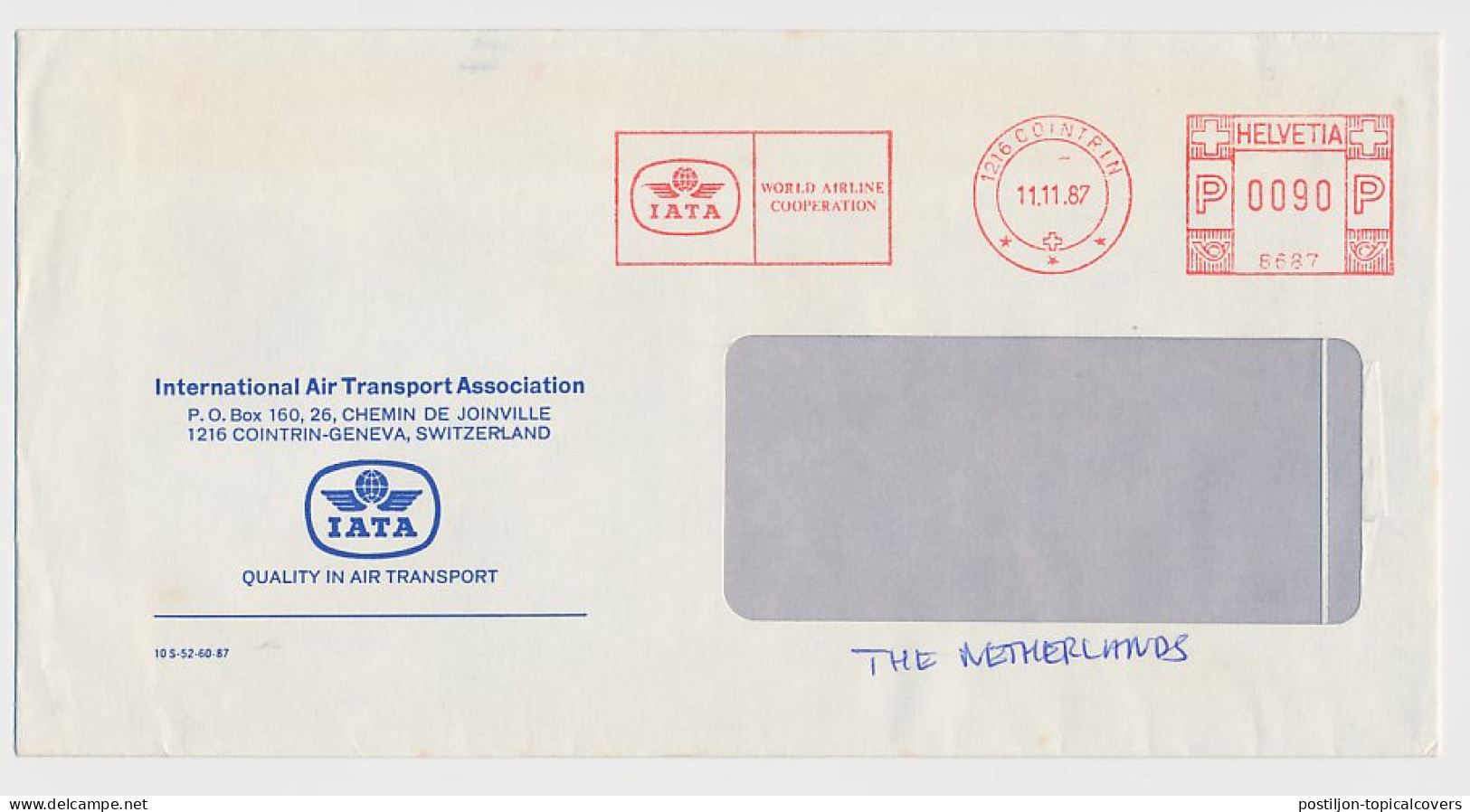 Meter Cover Switzerland 1987 IATA - International Air Transport Association - Aviones