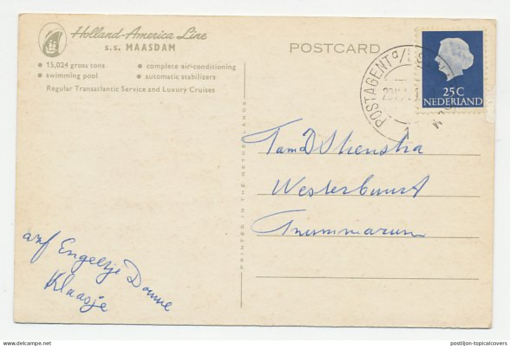 Prentbriefkaart HAL - S.S. Maasdam - Piroscafi