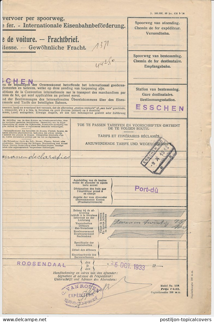 Vrachtbrief N.S. Roosendaal - Belgie 1933 - Unclassified