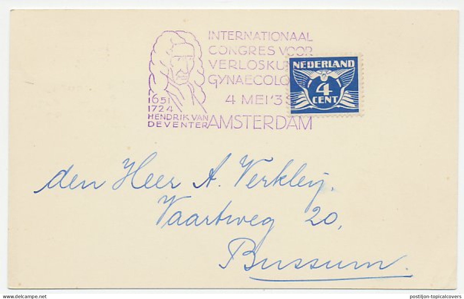 Card / Postmark Netherlands 1938 International Congress For Obstetrics And Gynecology Amsterdam - Autres & Non Classés