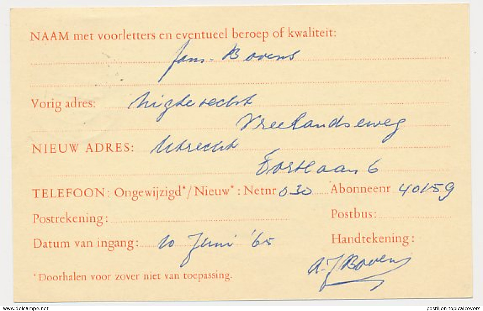 Verhuiskaart G. 30 Weesp - Utrecht 1965 - Postal Stationery