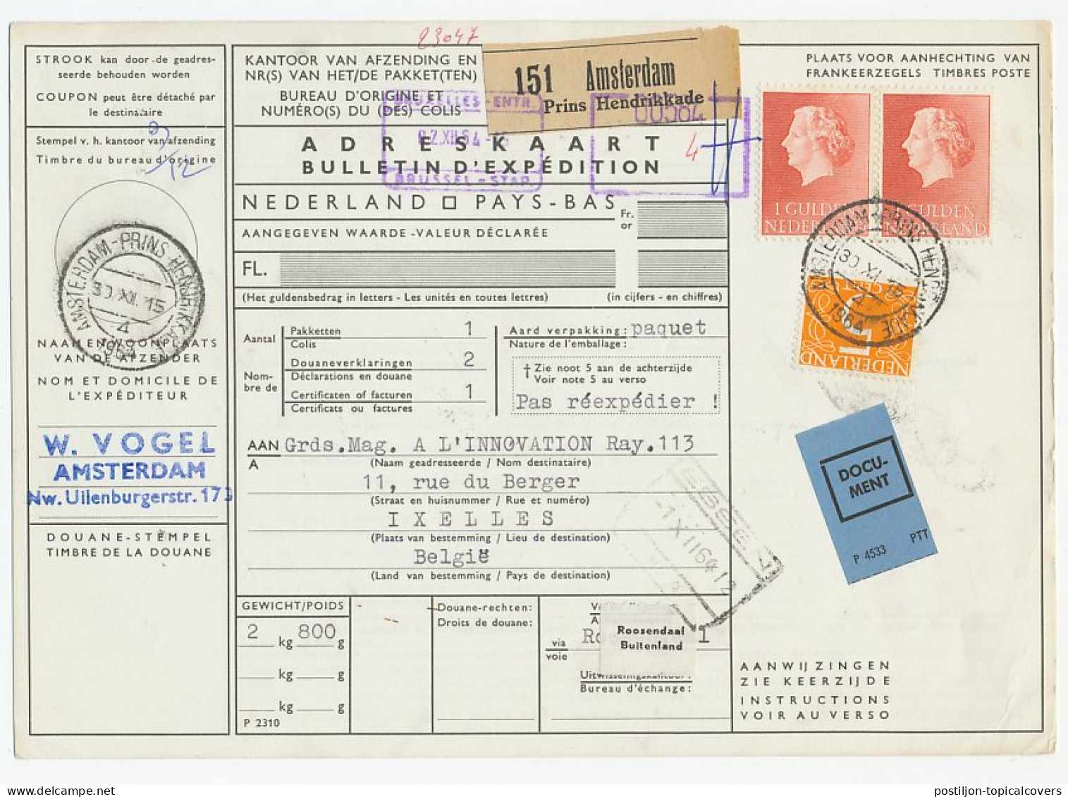 Em. Juliana Pakketkaart Amsterdam - Belgie 1964 - Non Classificati