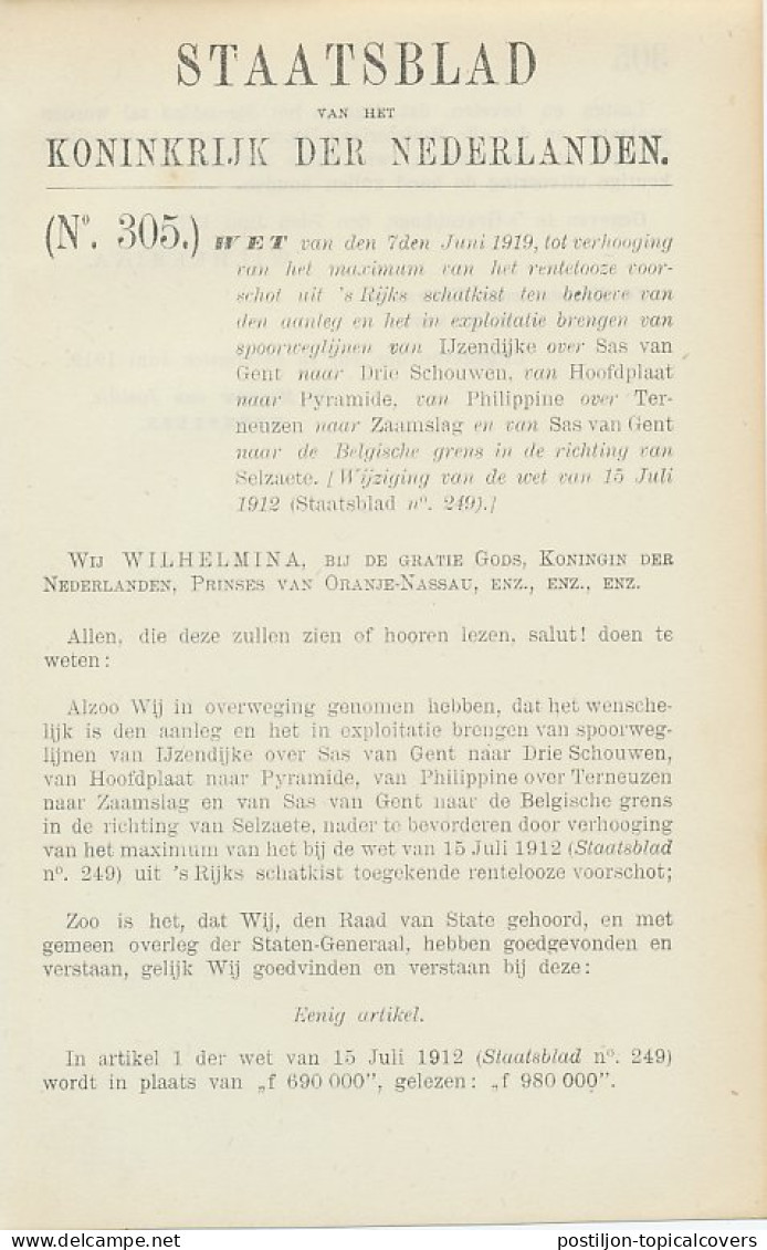 Staatsblad 1919 : Spoorlijn IJzendijke - Drie Schouwen Enz. - Historical Documents