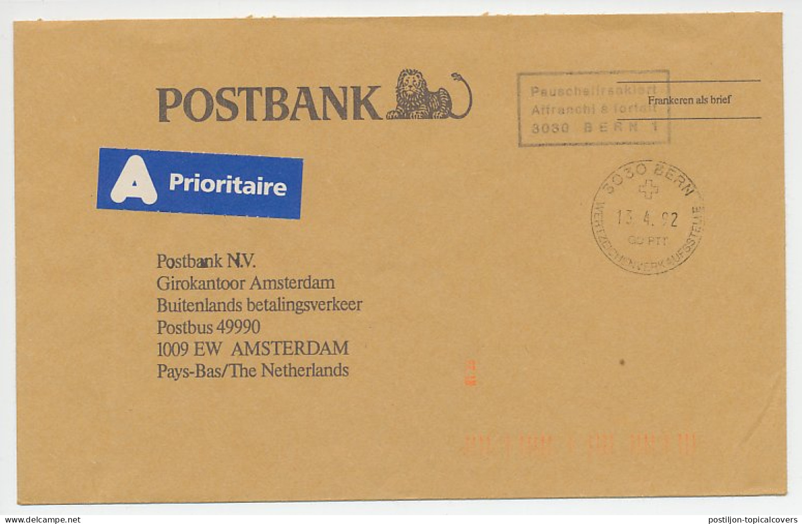 Postbank Antwoordenvelop Zwitserland - Amsterdam 1992  - Unclassified