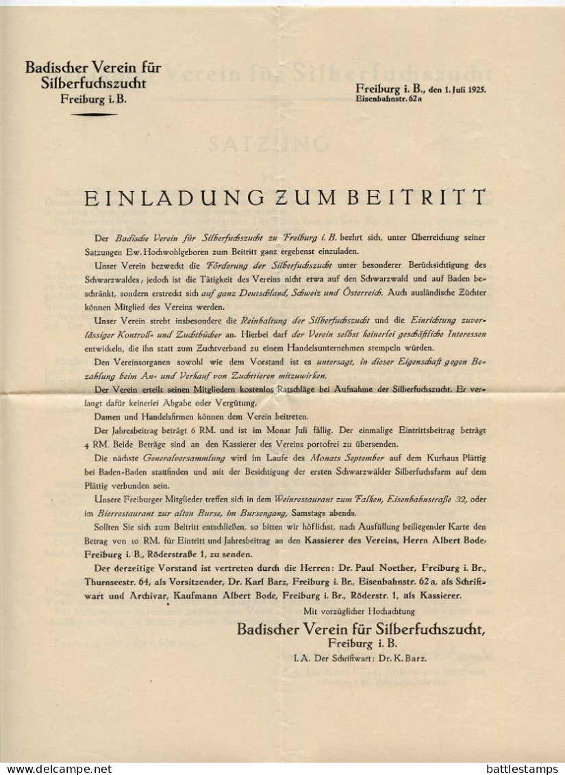 Germany 1925 Cover W/ Document; Freiburg (Breuisgau) - Badischer Verein Für Silberfuchszucht; 3pf. German Eagle - Briefe U. Dokumente