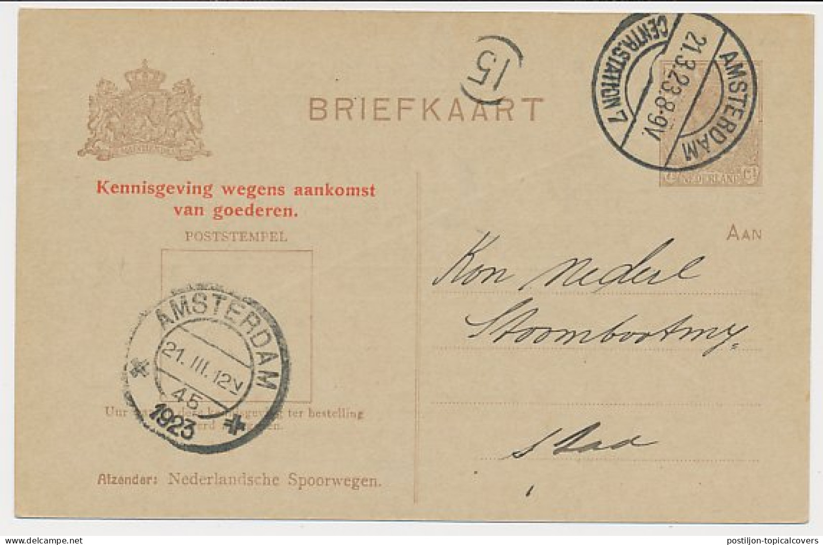 Spoorwegbriefkaart G. PNS191 B - Locaal Te Amsterdam 1923 - Postal Stationery