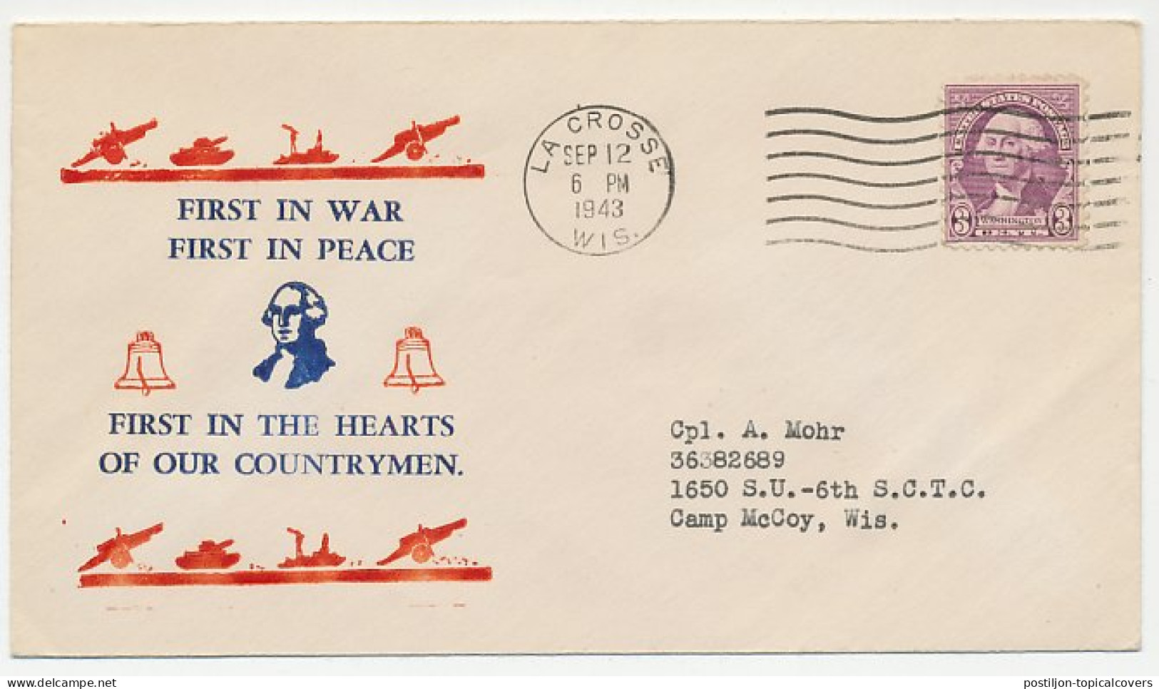 Patriotic Cover USA 1943 First In War - First In Peace - WW2