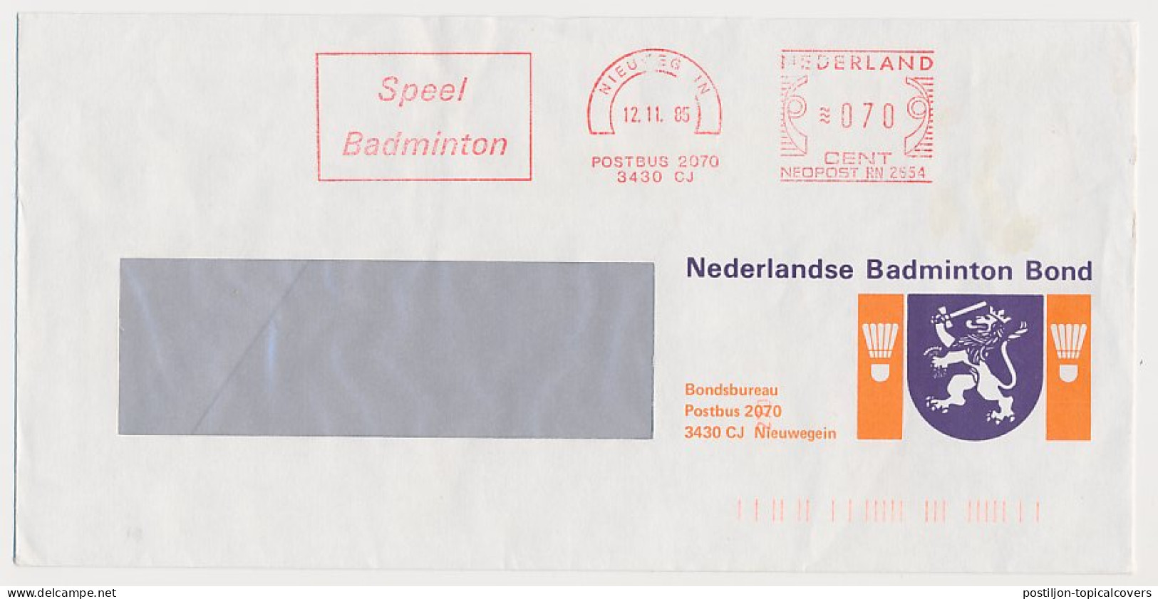 Meter Cover Netherlands 1985 Play Badminton - Other & Unclassified