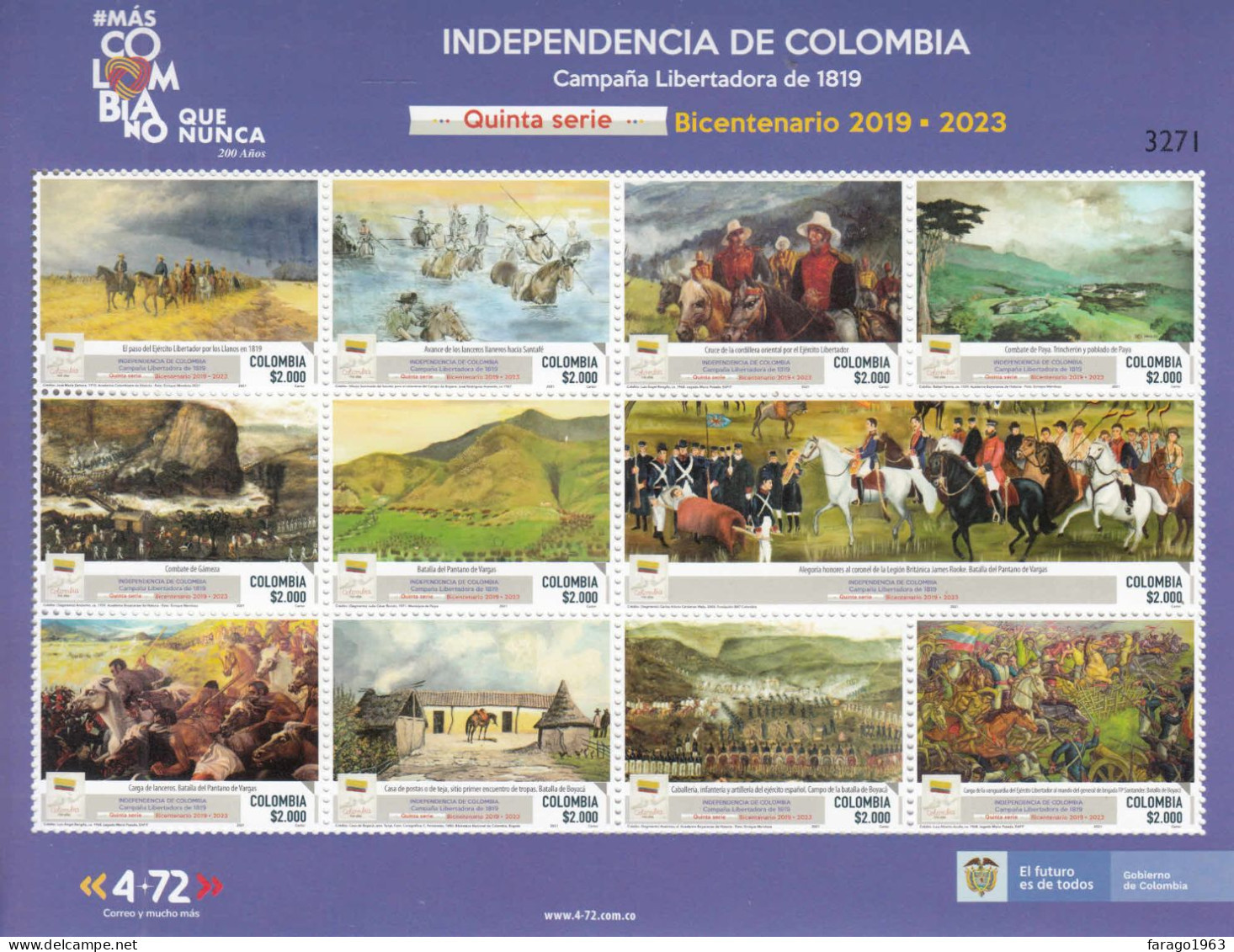 2021 Colombia Bicentennial Independence #5 1819 Horses Military History Miniature Sheet Of 11 MNH - Colombia