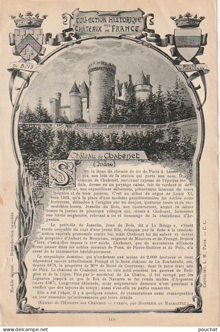 ZY 56-(36) COLLECTION HISTORIQUE CHATEAUX DE FRANCE - CHATEAU DE CHABENET - 2 SCANS - Castles