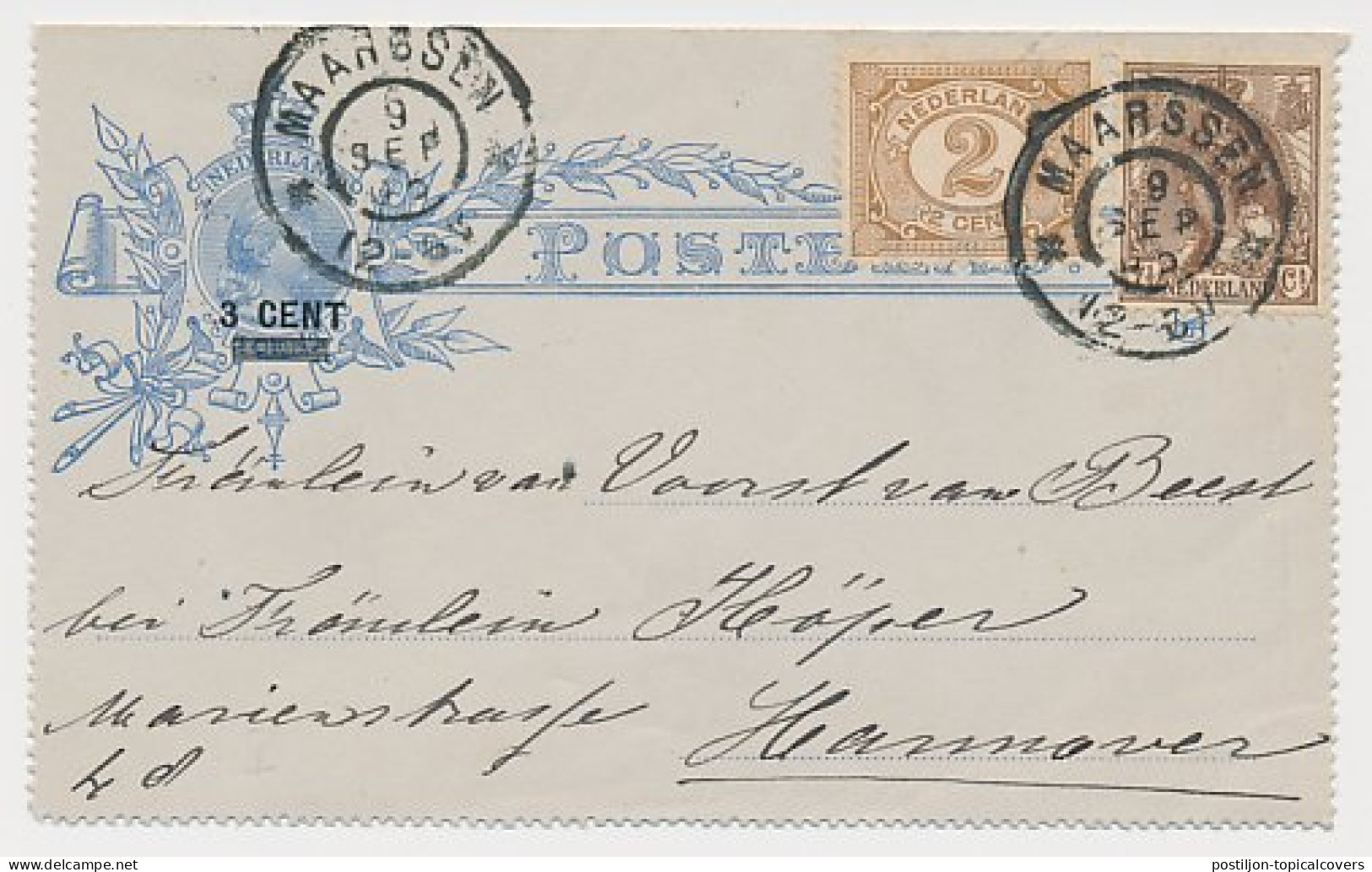 Postblad G. 8 X / Bijfr. Maarssen - Hannover Duitsland 1905 - Material Postal
