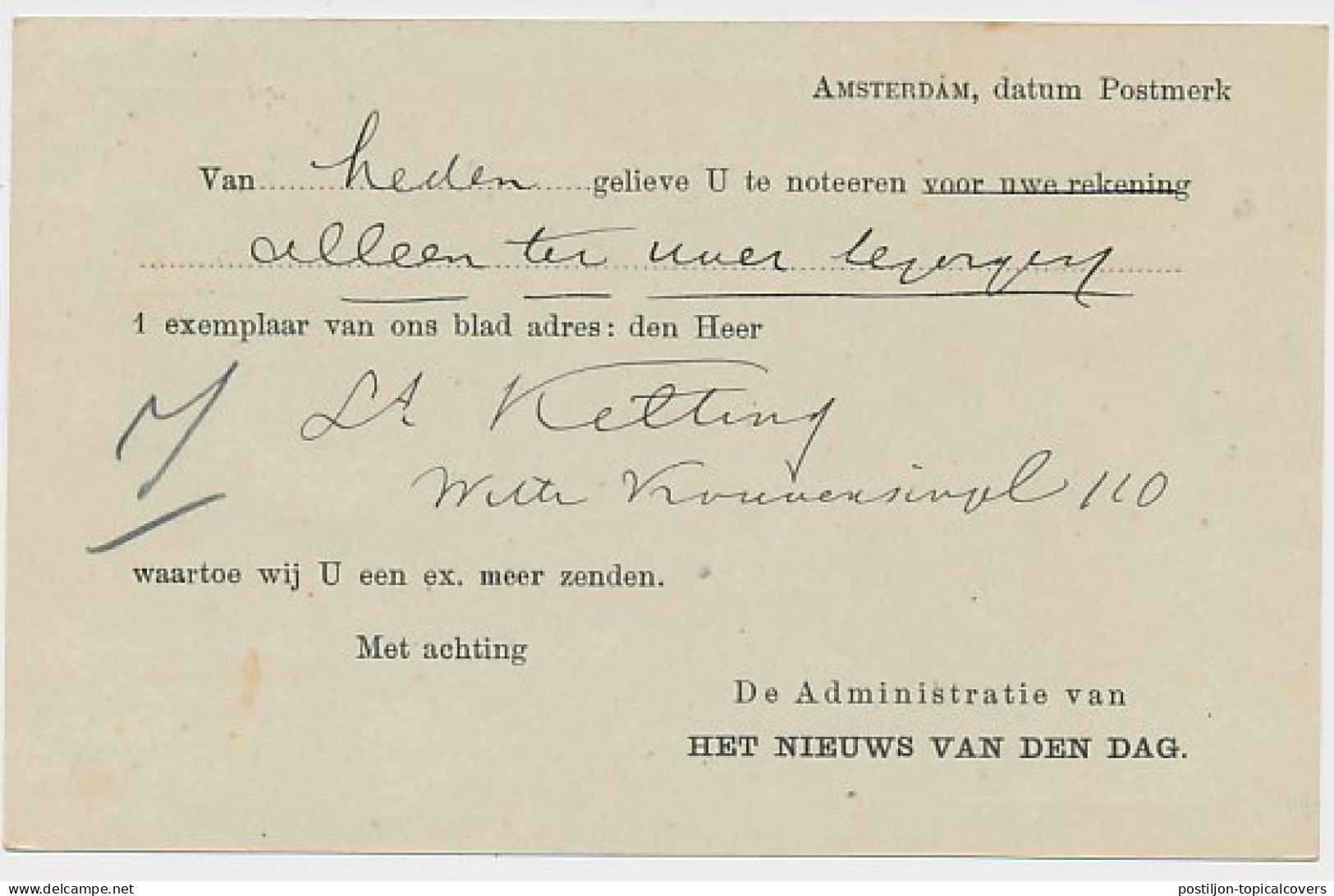 Briefkaart G. 90 A I Particulier Bedrukt Amsterdam 1919 - Postwaardestukken