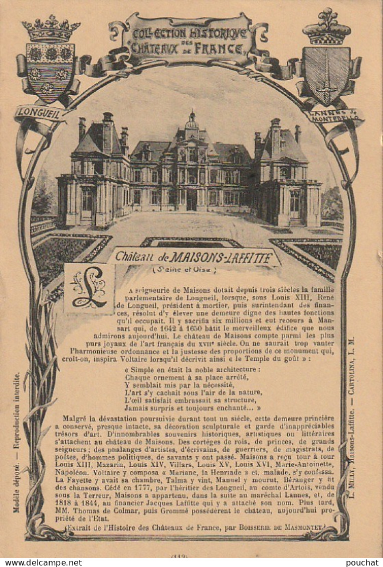 ZY 56-(78) COLLECTION HISTORIQUE DES CHATEAUX DE FRANCE - CHATEAU DE MAISONS LAFFITTE  - 2 SCANS - Châteaux