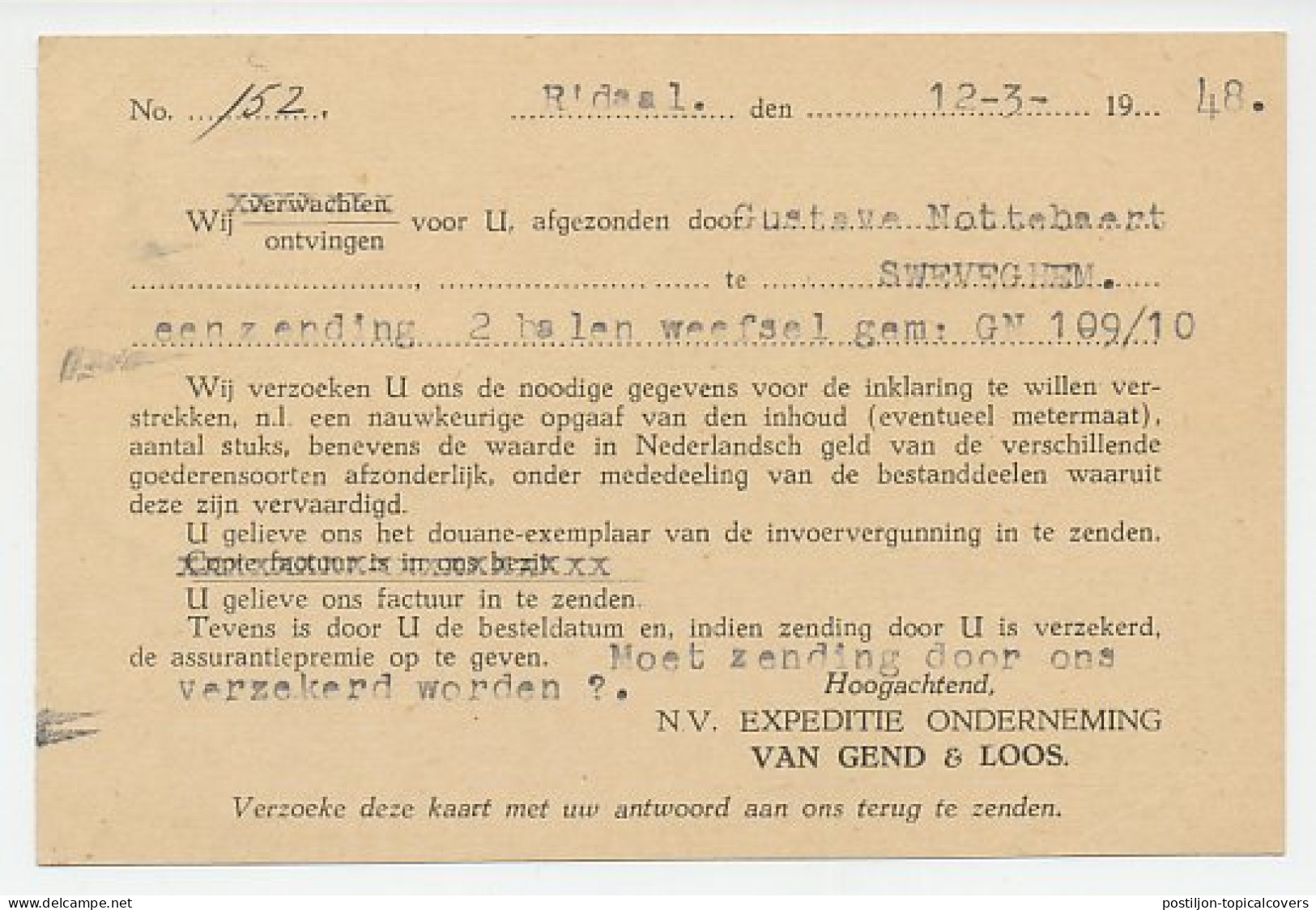 Firma Briefkaart Roosendaal 1948 - Van Gend & Loos - Unclassified