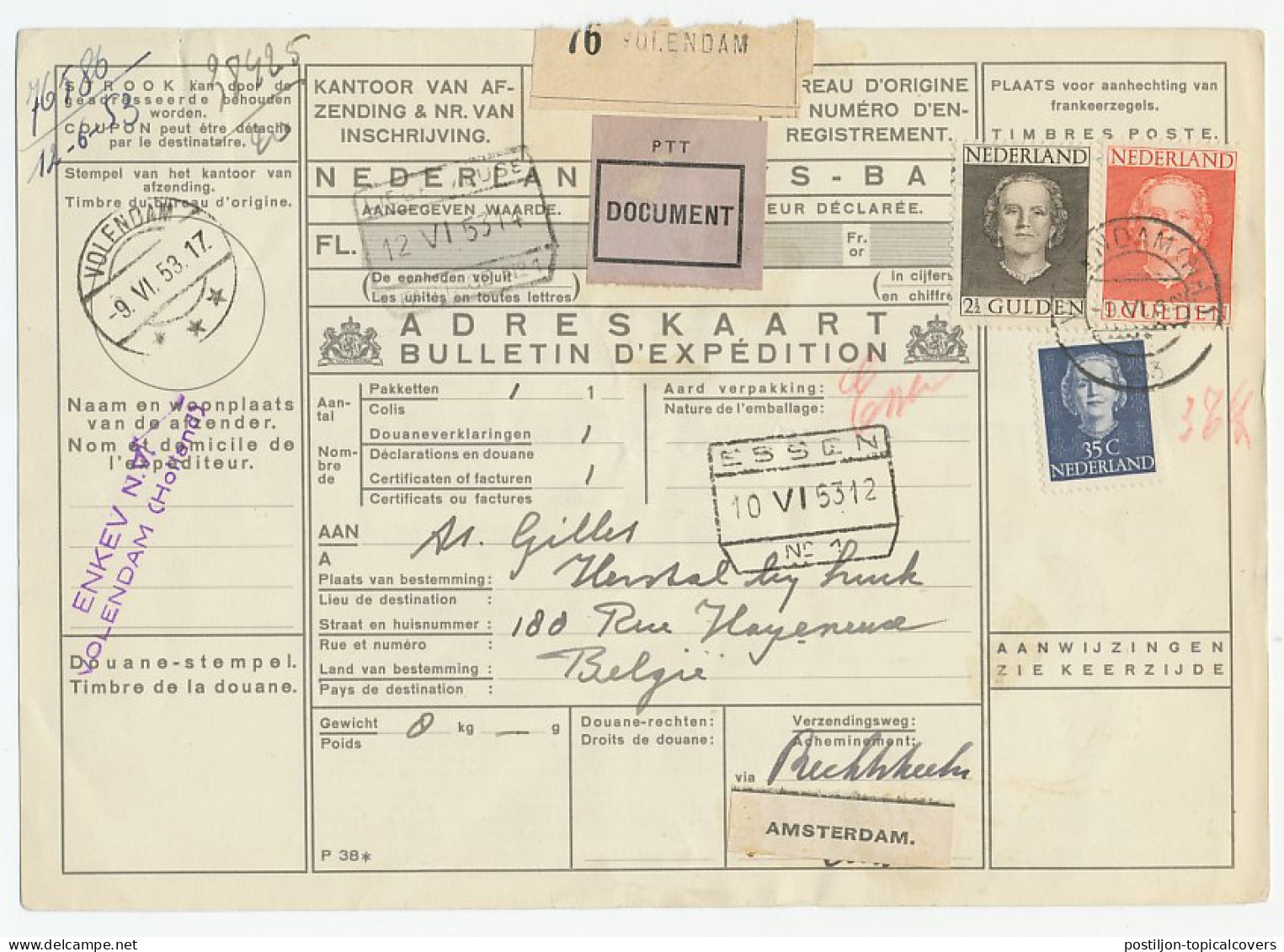Em. En Face Pakketkaart Volendam - Belgie 1953 - Unclassified