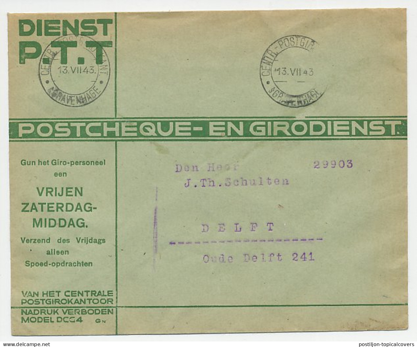 Machinestempel Postgiro Kantoor Den Haag 1943 - Unclassified