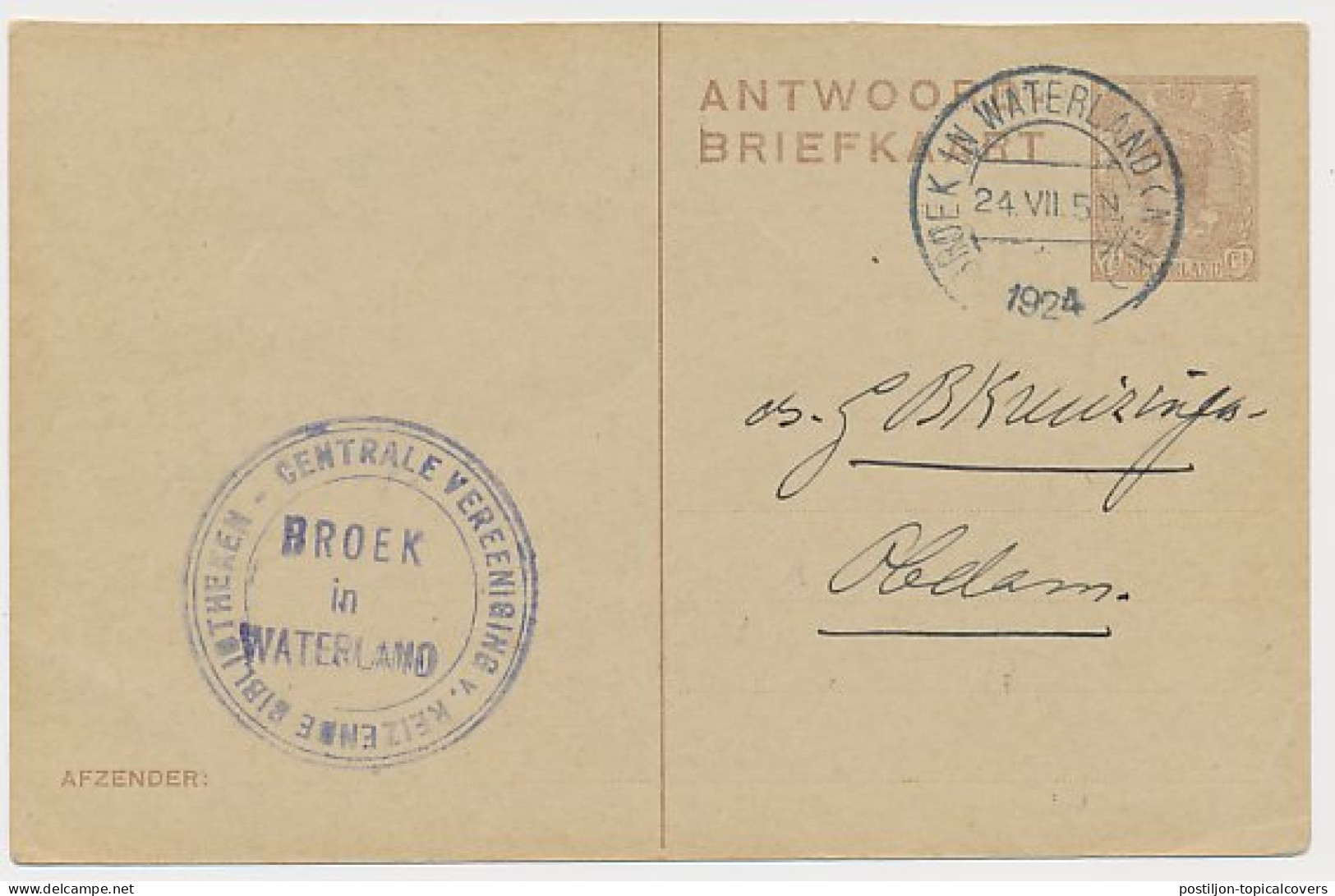 Briefkaart G. 196 A-krt. Broek In Waterland - Obdam 1924 - Ganzsachen