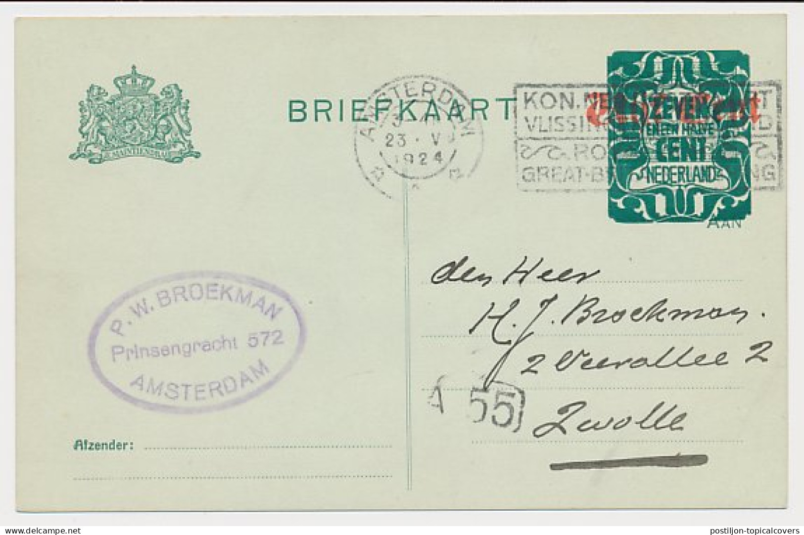 Briefkaart G. 180 A I Amsterdam - Zwolle 1924 - Entiers Postaux