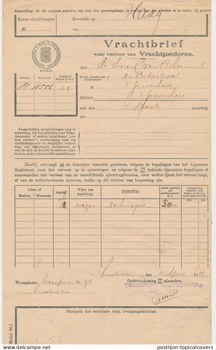 Vrachtbrief Staats Spoorwegen Amsterdam - Den Haag 1914 - Etiket - Unclassified