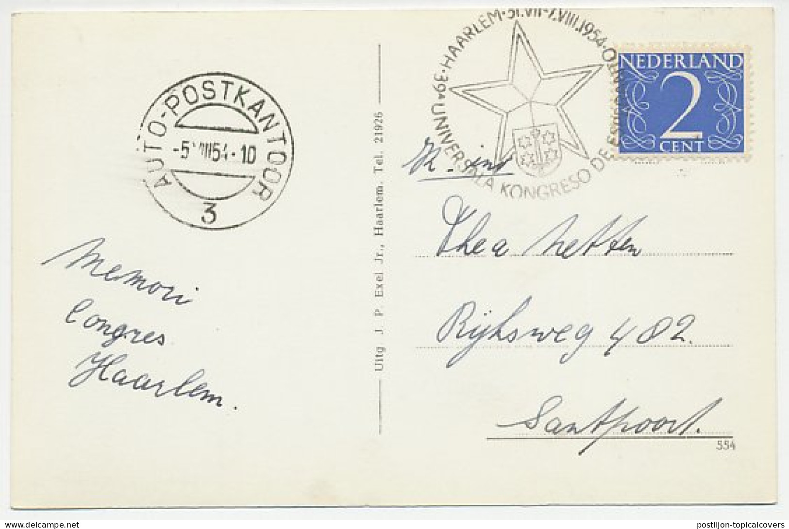 Card / Postmark Netherlands 1954 International Esperanto Congress Haarlem - Esperánto