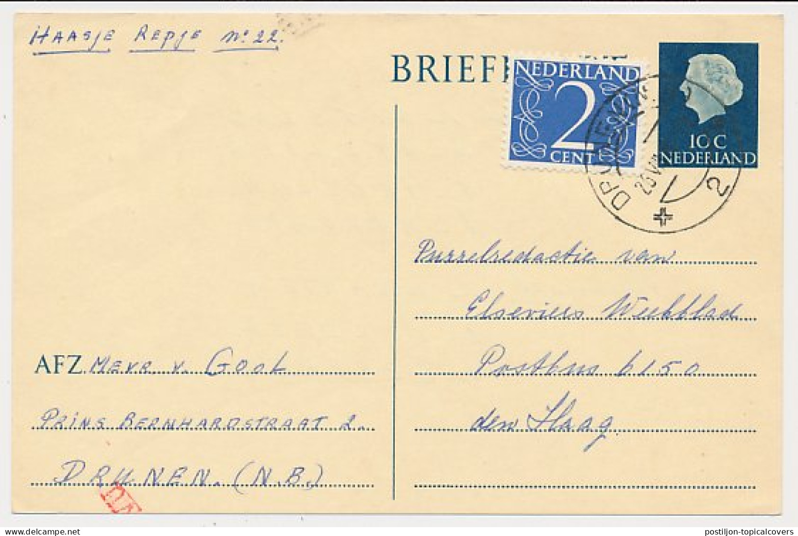 Briefkaart G. 330 / Bijfrankering Drunen - Den Haag 1966 - Ganzsachen