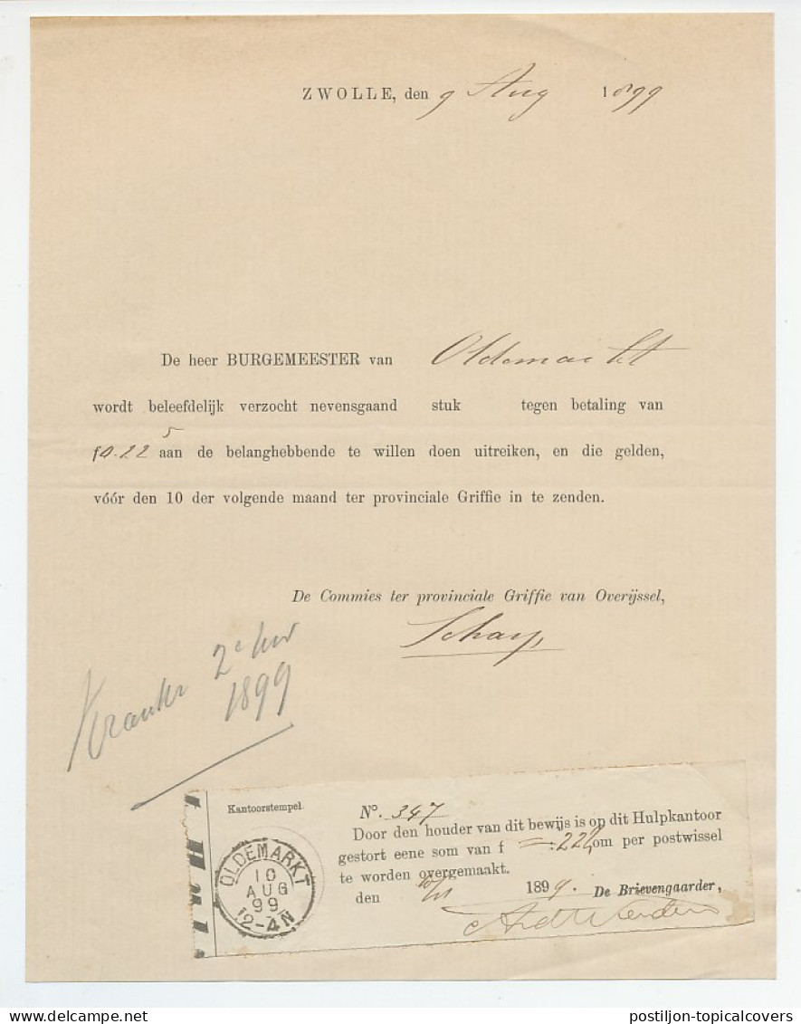 Oldemarkt 1899 - Sortingsbewijs Postwissel - Nota Zwolle - Unclassified