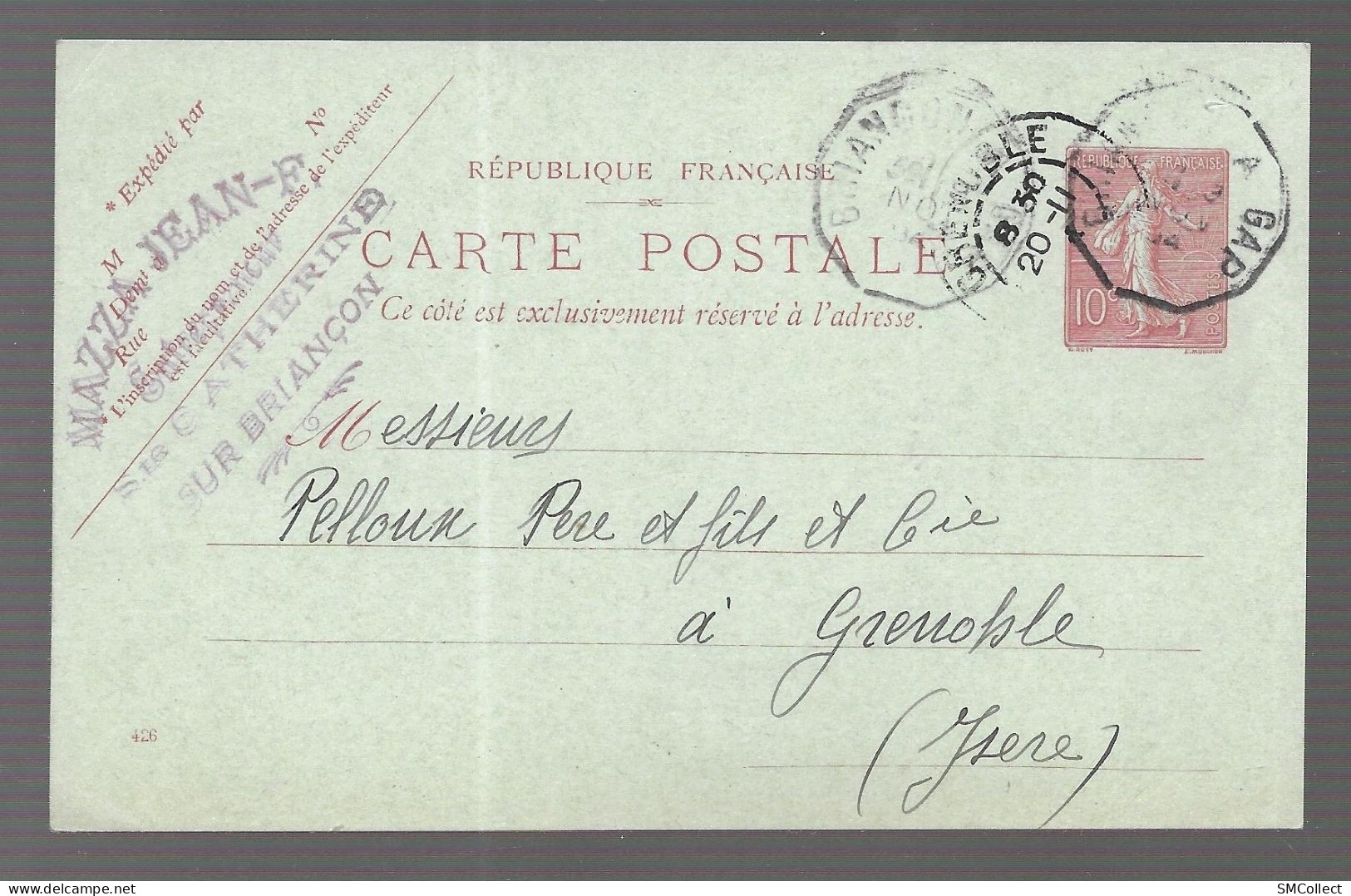 Rareté. Cachet Convoyeur Décagonal Briançon à Gap, Novembre 1904. Entier Postal Semeuse Lignée 10 Centimes Rouge (13679) - Poste Ferroviaire