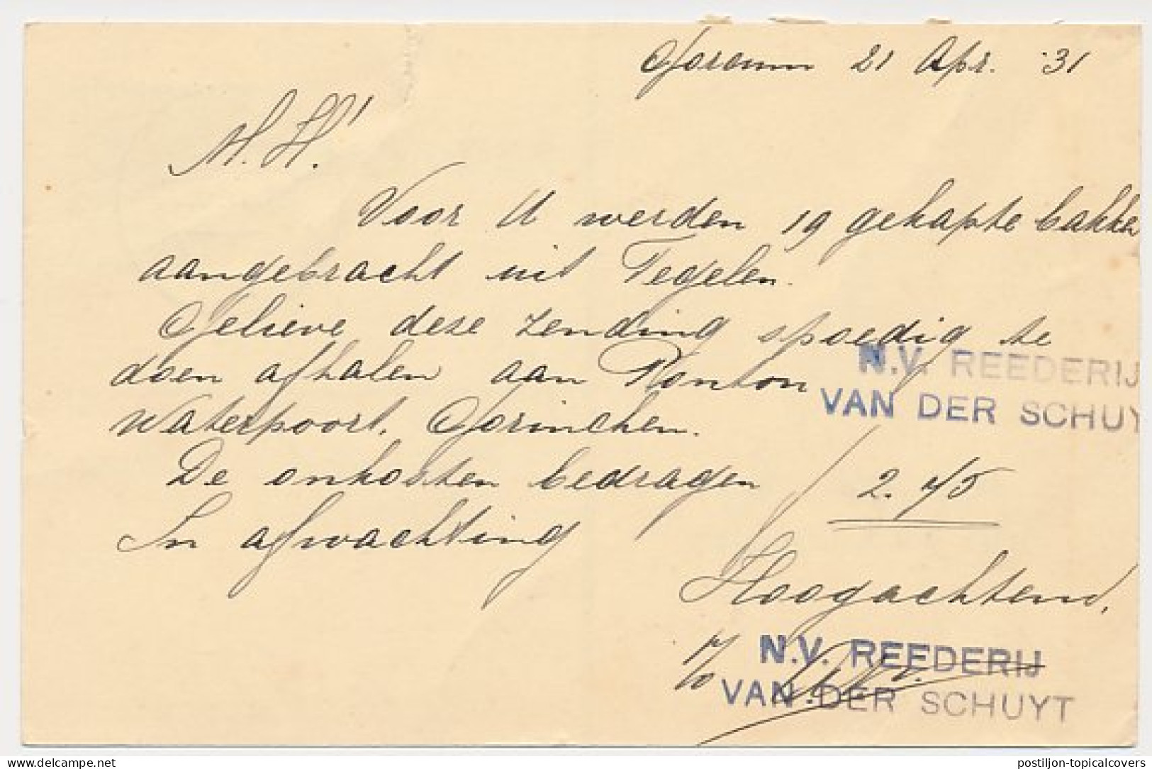 Firma Briefkaart Gorinchem 1931 - Reederij Van Der Schuyt - Non Classés