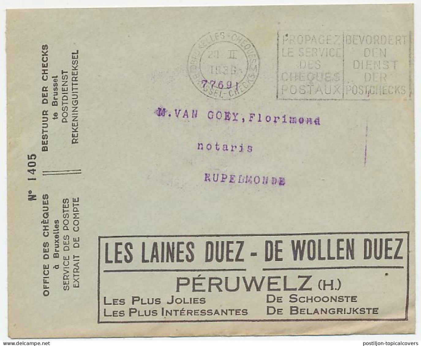 Postal Cheque Cover Belgium 1936 Knitwear - Wool - Kostums