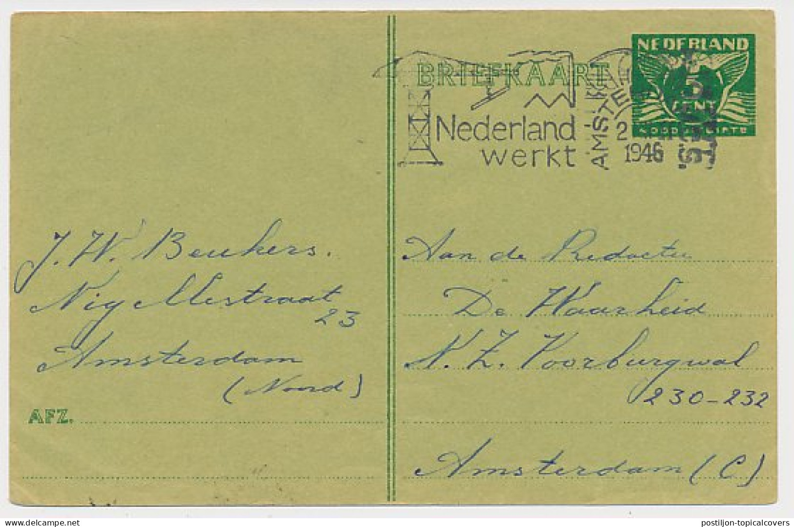 Briefkaart G. 277 C Locaal Te Amsterdam 1946 - Postwaardestukken