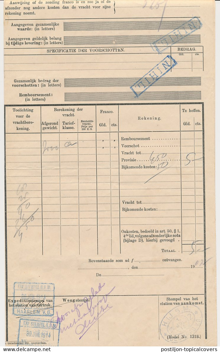 Vrachtbrief H.IJ.S.M. Haarlem - Den Haag 1914 - Unclassified